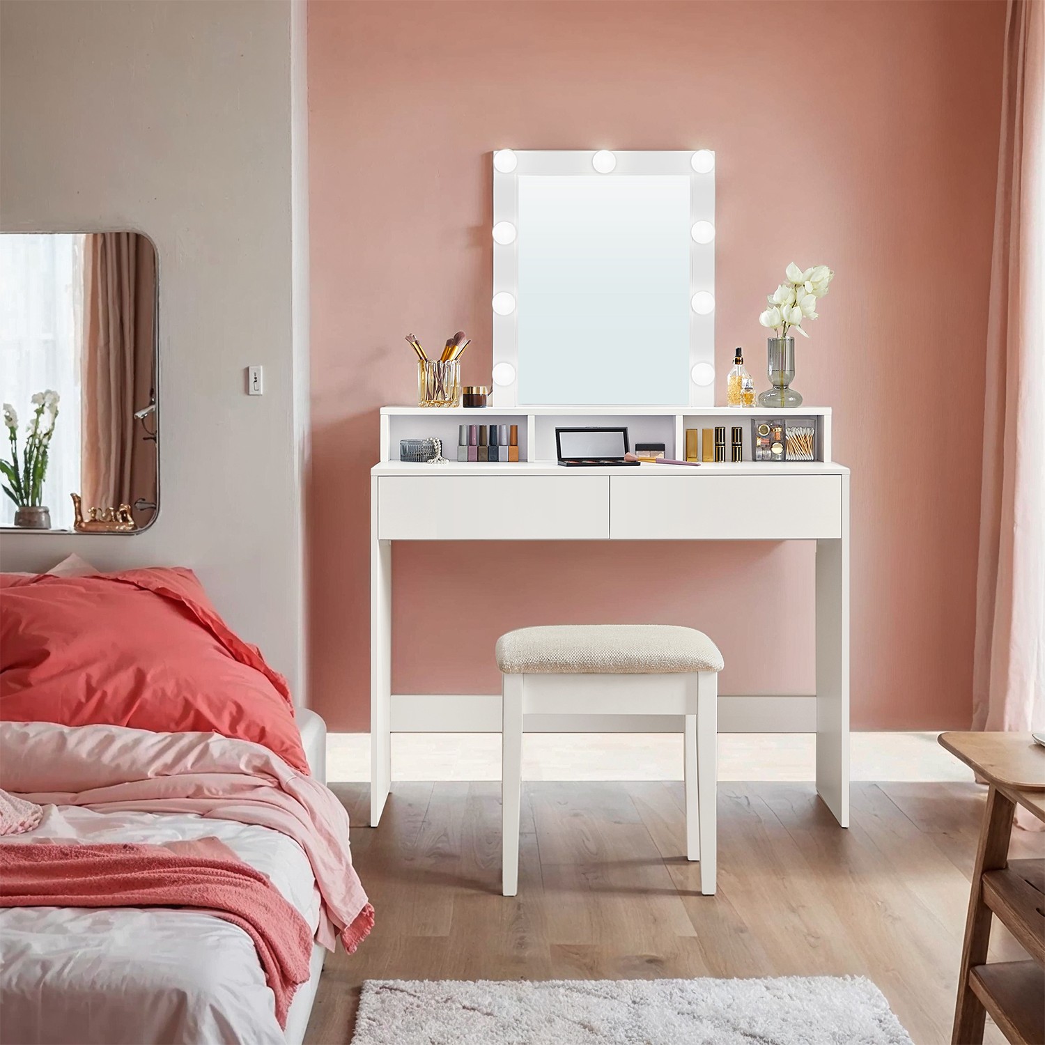 Dressing Table - ZARNIA LED Mirror Adjustable Brightness Vanity - White - Indigo Home