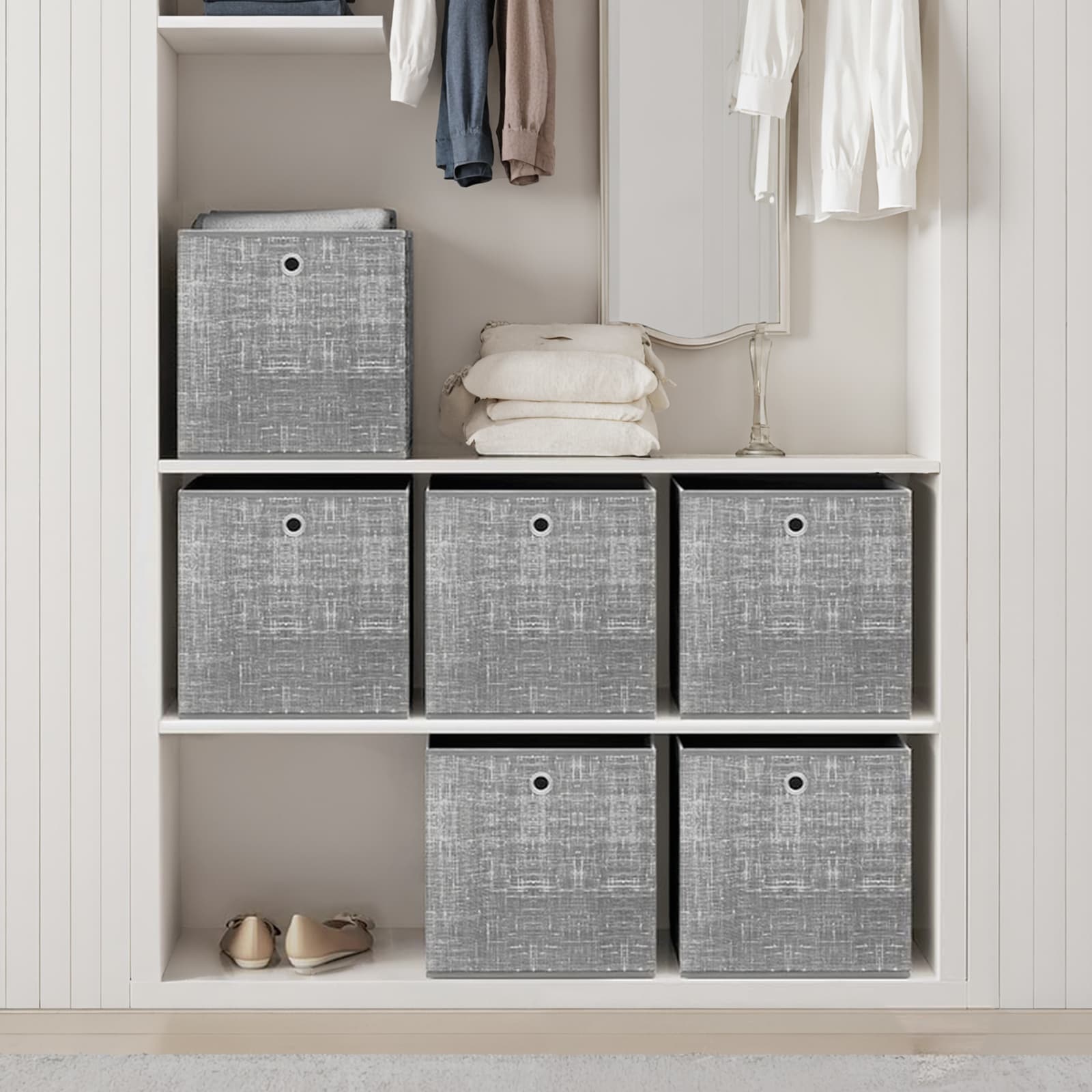 Storage Boxes - ZARNIA Set of 6 Non Woven Fabric Storage Organisers with Handle - Grey - Indigo Home
