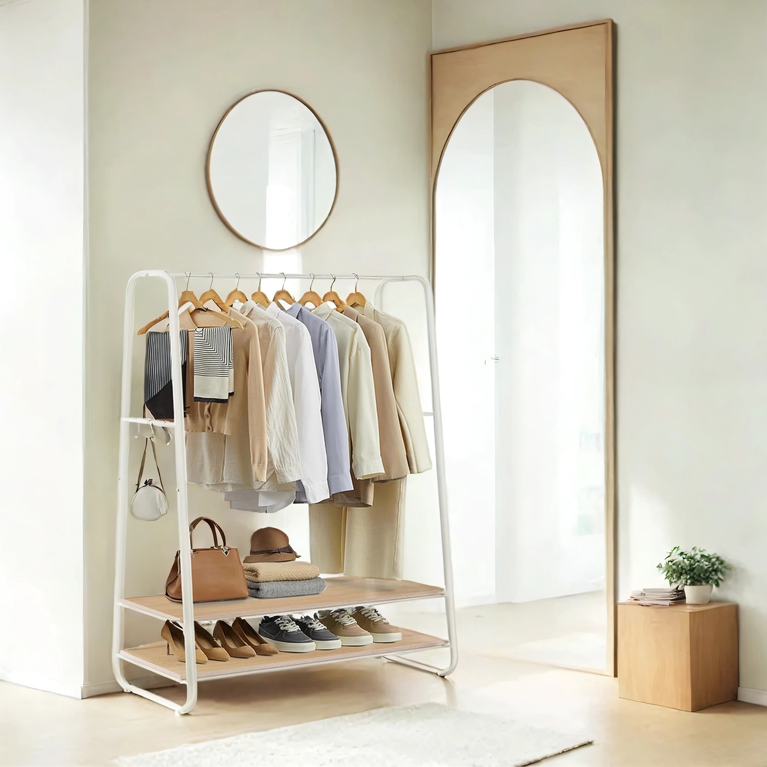 Clothes Rack - ZARNIA 2 Shelves 6 S Hooks - White - Indigo Home