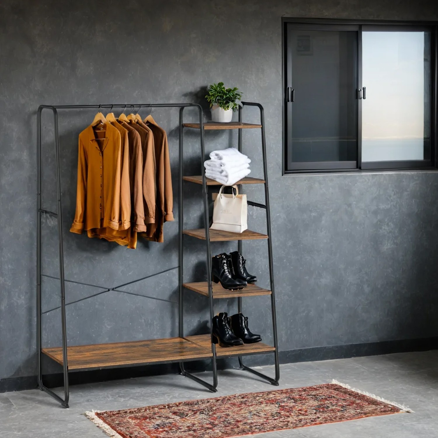 Garment Rack - ZARNIA Rack With Shoe Shelf and 5 Tier Storage 6 Side Hooks Rustic Brown Black - Indigo Home