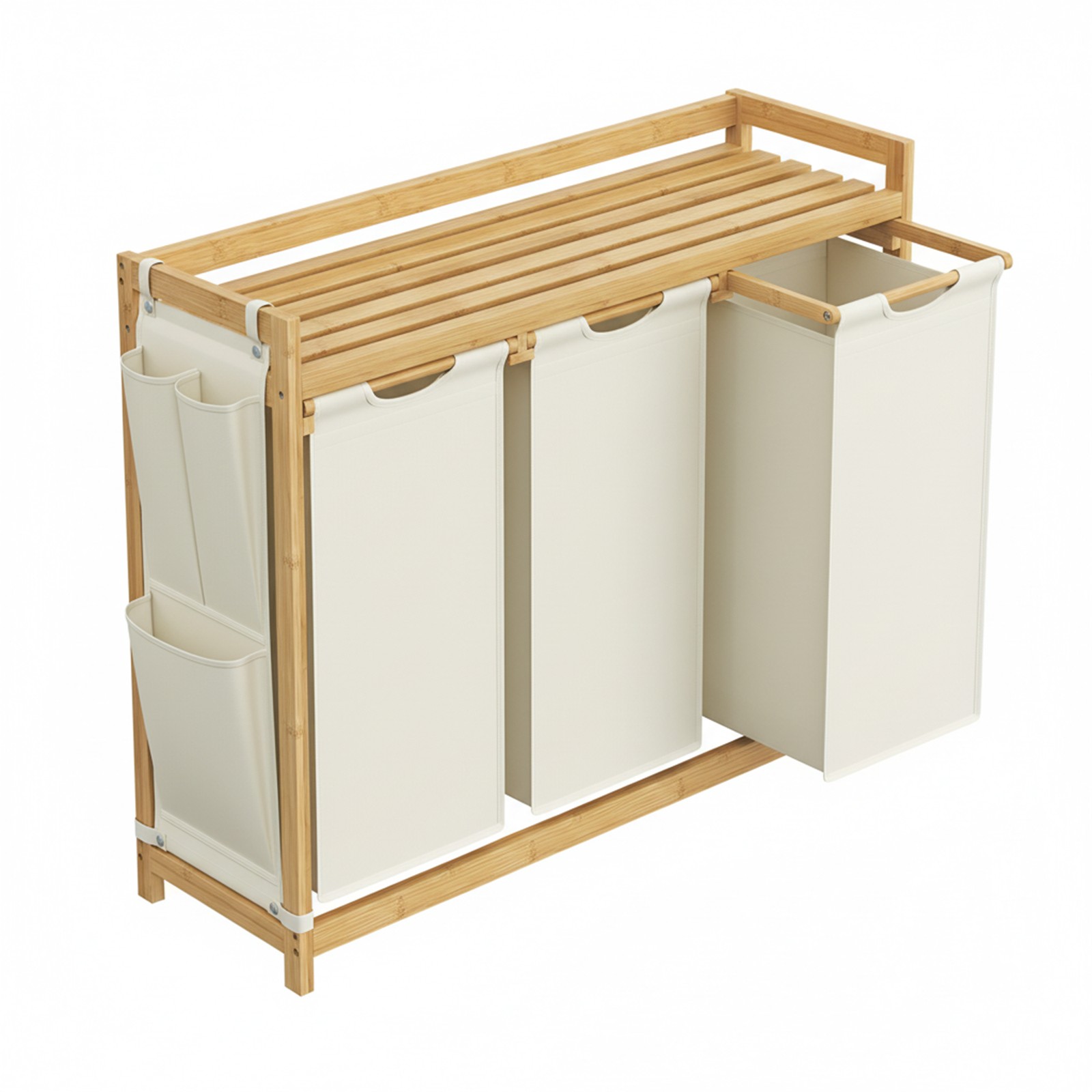 ELMWOODEN 3 Section Laundry Basket with Large 150 L Hamper and Side Pockets - Light Oak and White - Indigo Home