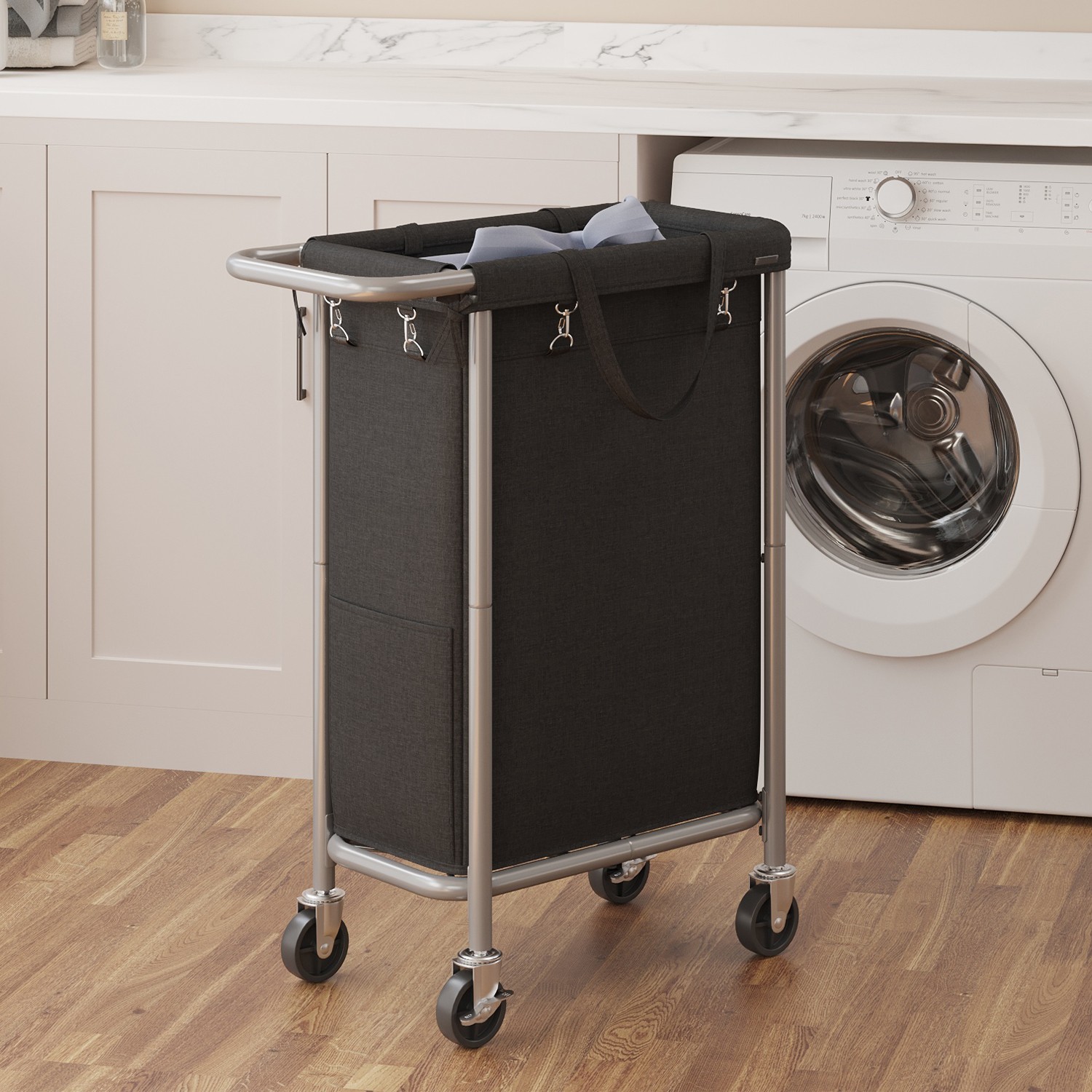 Laundry Basket - ZARNIA Rolling Hamper with Wheels 90 L - Black - Indigo Home