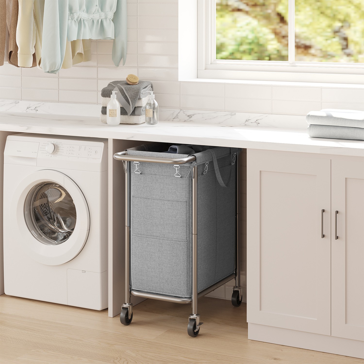 Laundry Basket - ZARNIA 2-Section Rolling Hamper with Wheels 140 L - Dove Grey - Indigo Home