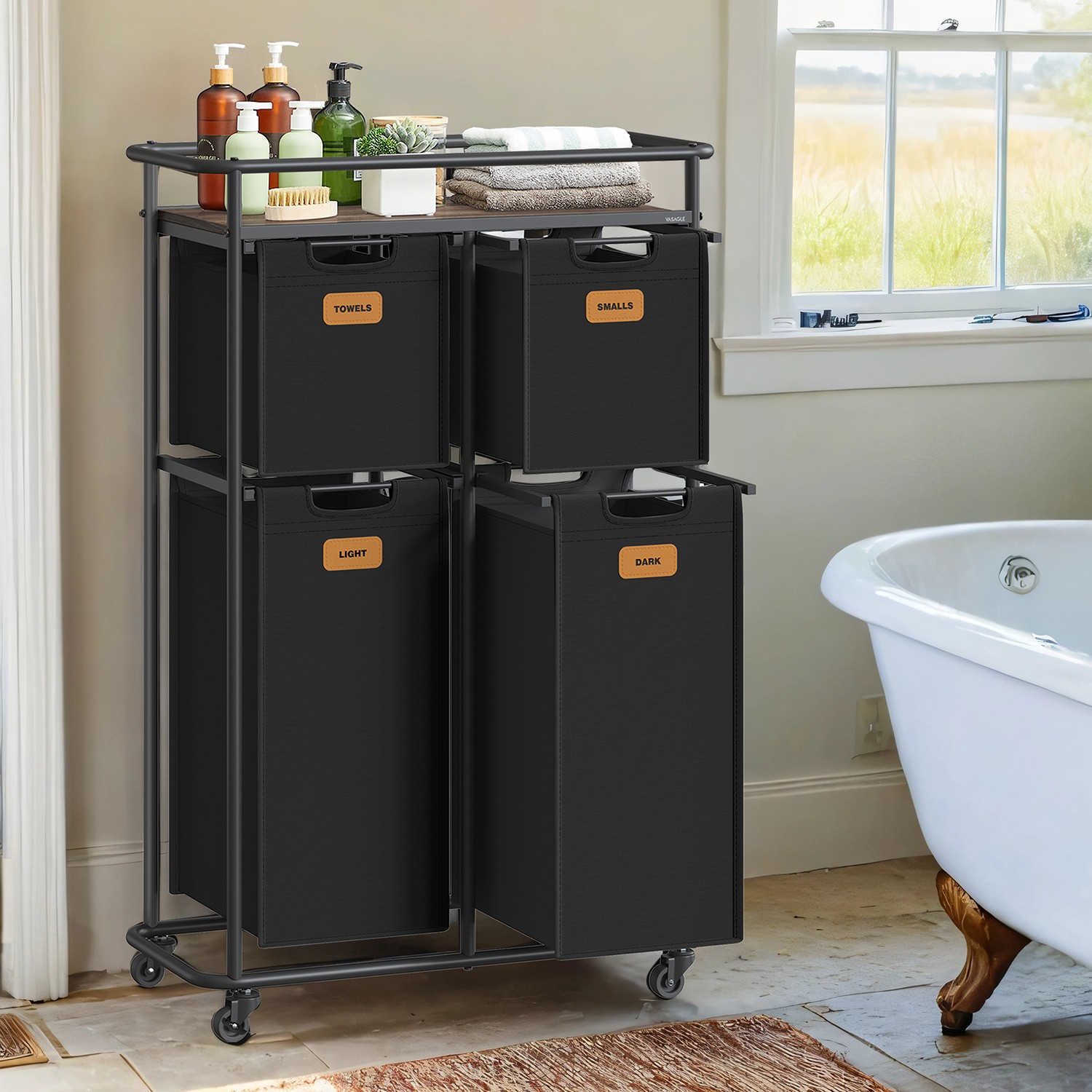 Laundry Sorter - ZARNIA Rolling Hamper with Wheels 150 L - Black - Indigo Home