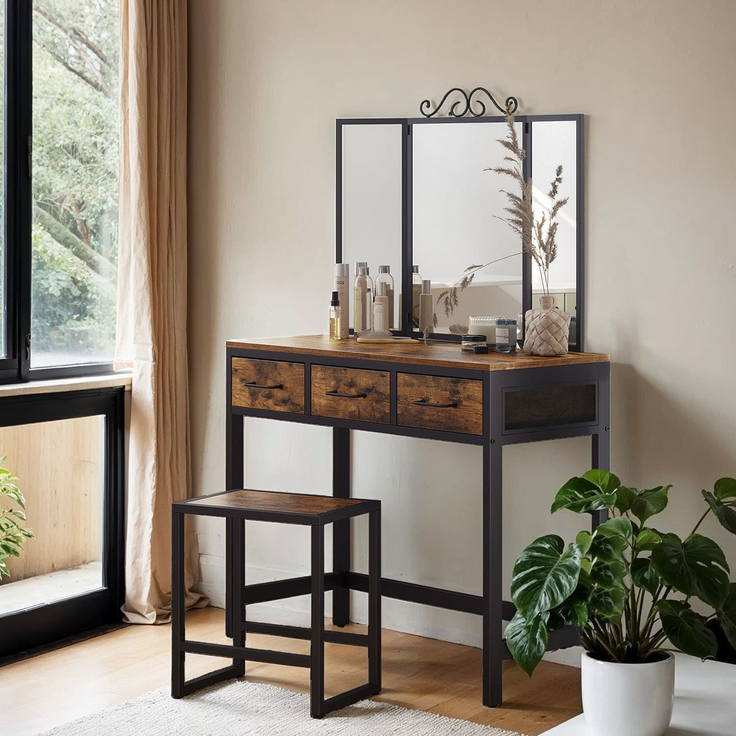 Dressing Table - ZARNIA Table with Stool Set Tri-Fold Mirror 3 Drawer Vanity - White - Indigo Home