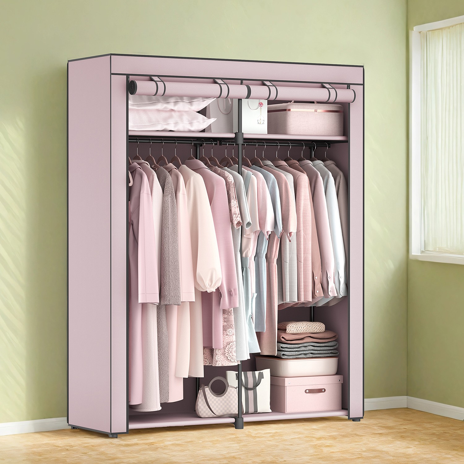 Portable Wardrobe - ZARNIA Portable Clothes Rail Non Woven Fabric Cover - Sand Beige - Indigo Home