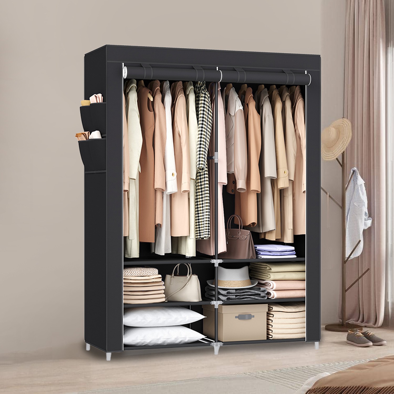 Clothes Wardrobe - ZARNIA Portable Closet with 2 Hanging Rails - Black - Indigo Home
