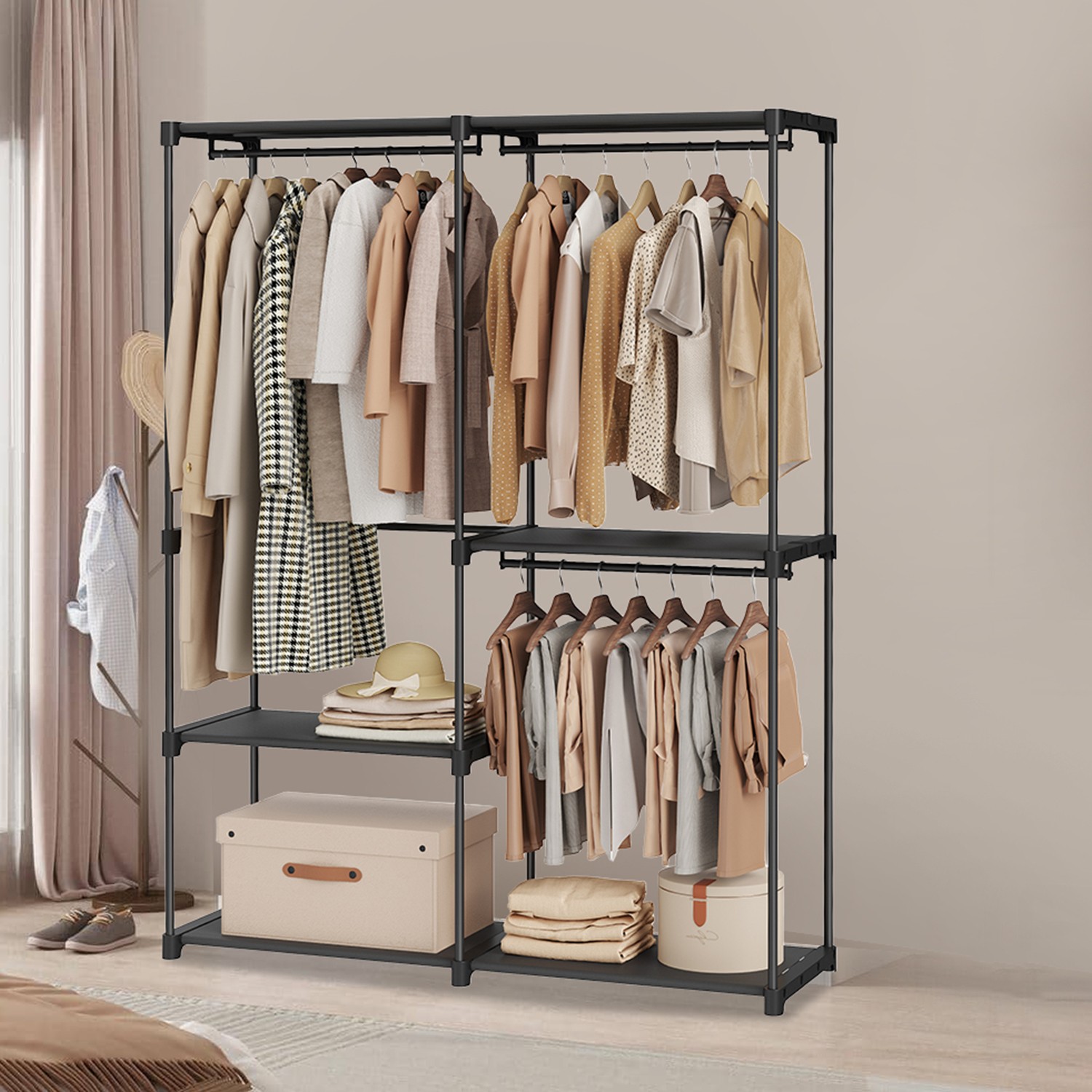 Garment Closet - ZARNIA Freestanding Organizer Clothes Rack and Shelves - Black - Indigo Home