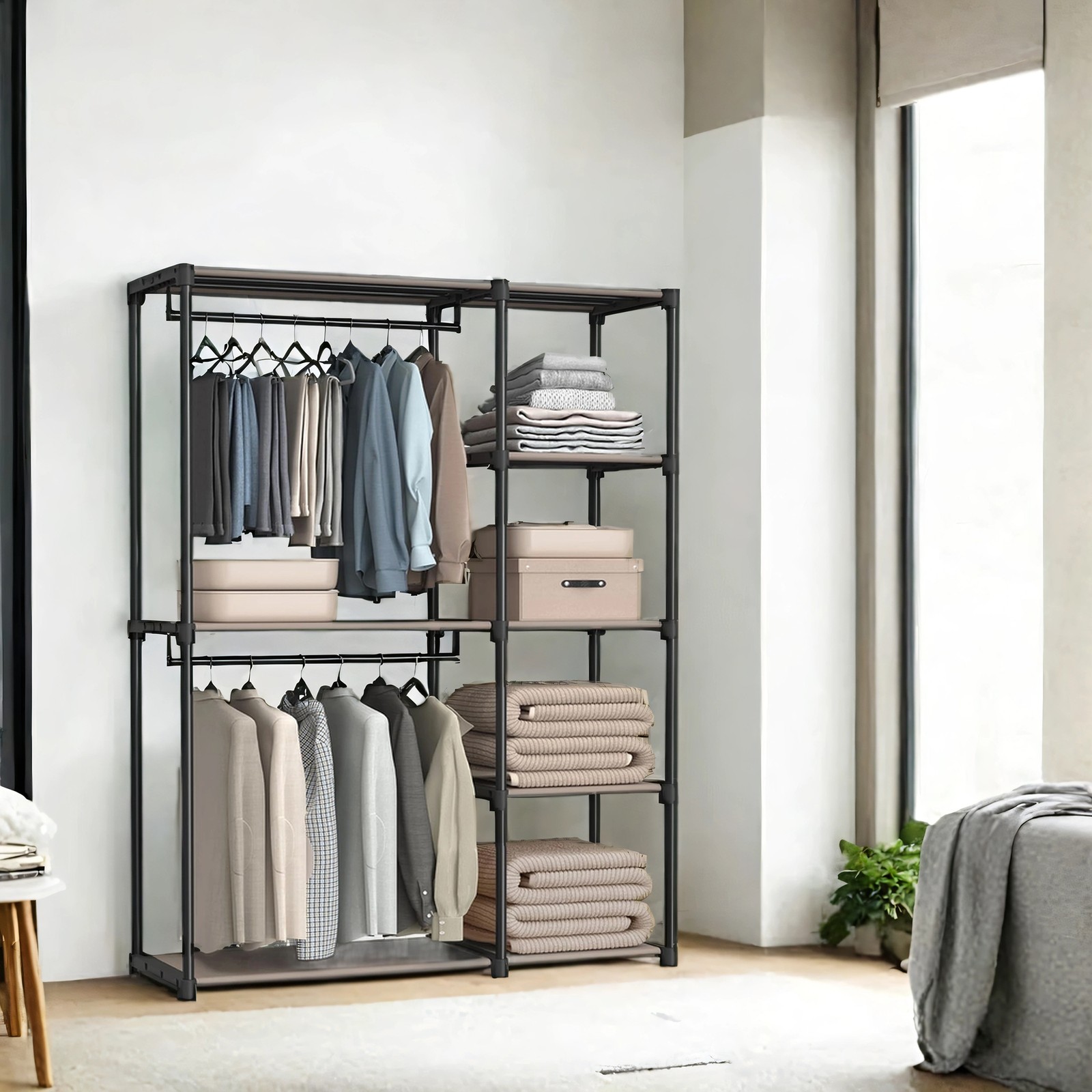 Garment Closet - ZARNIA Foldable Wardrobe Coat Rack and Rail - Taupe - Indigo Home
