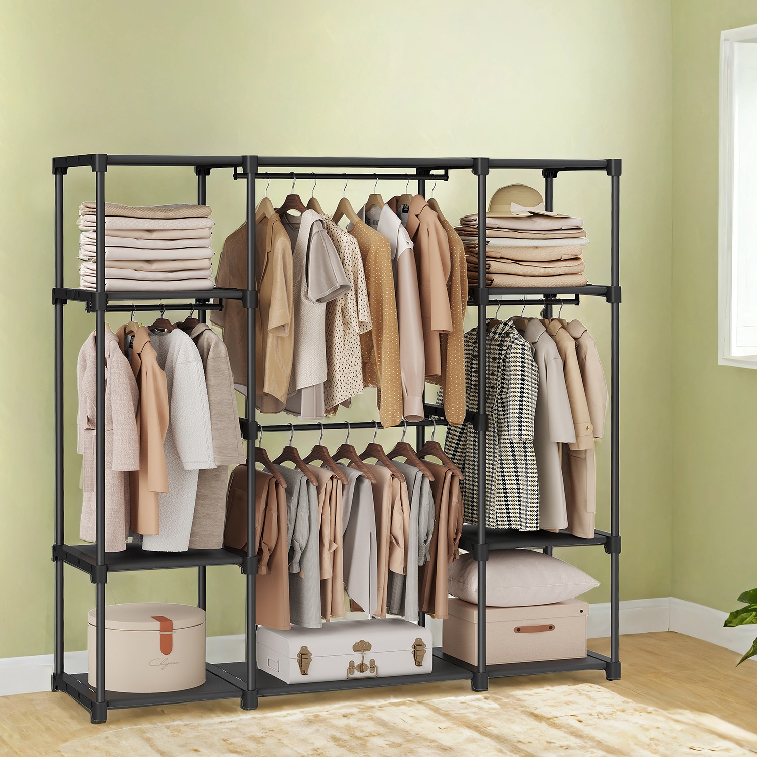 Portable Wardrobe - ZARNIA Portable Closet with Clothes Rack - Black - Indigo Home