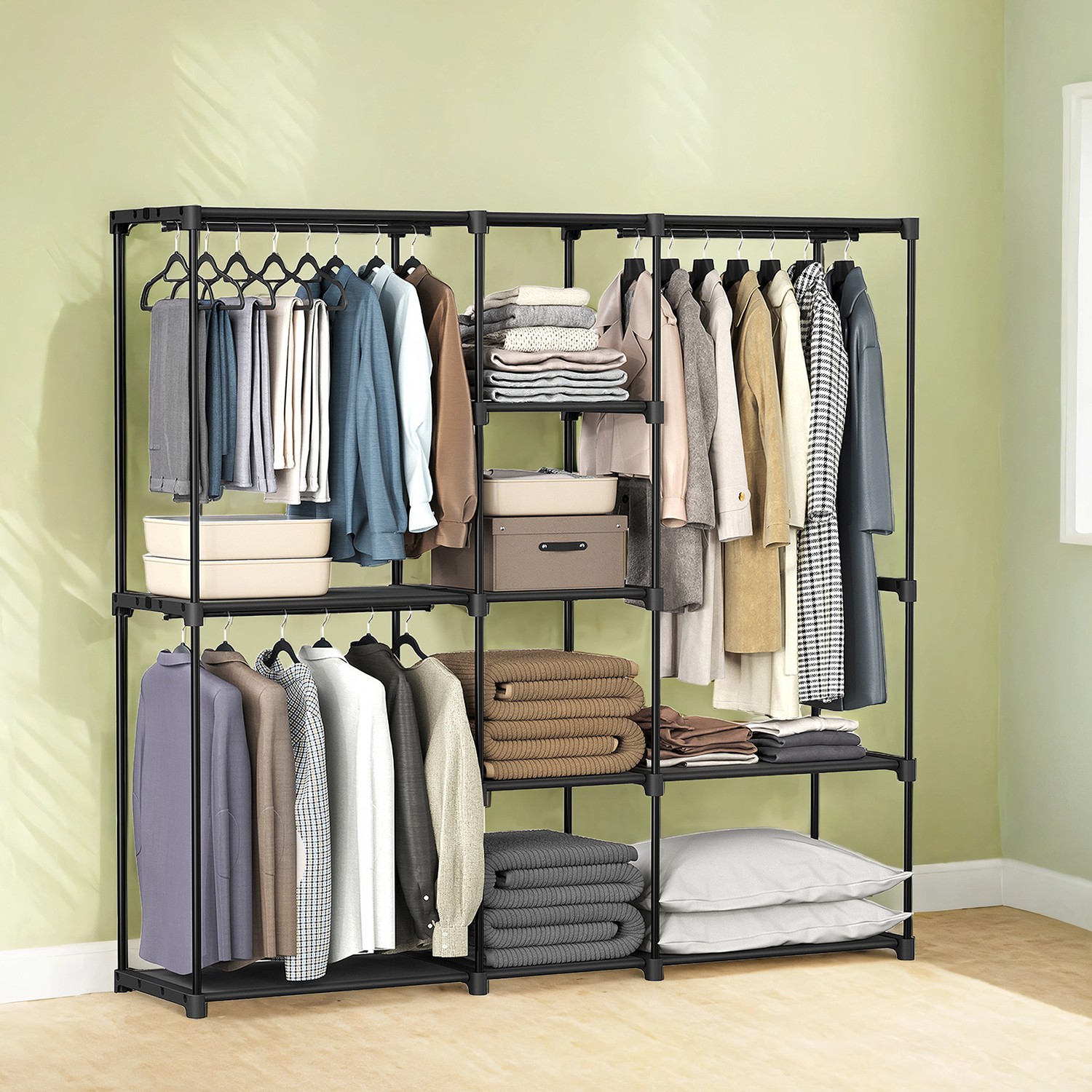 Portable Wardrobe - ZARNIA Open Freestanding Closet with Rails and Fabric Shelves - Black - Indigo Home