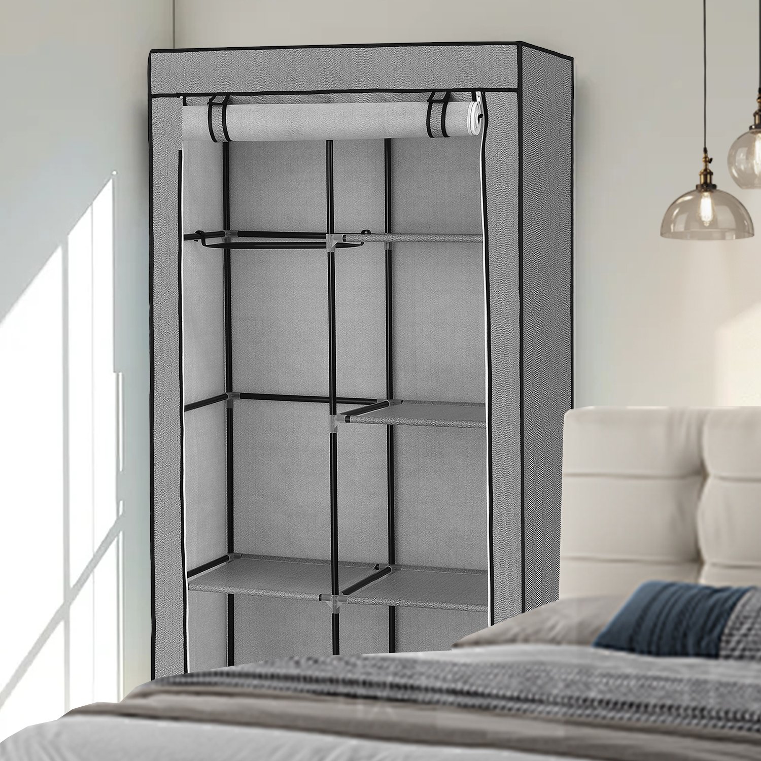 Closet Organizer - ZARNIA Portable Non Woven Cover with Rods and Shelves - Light Grey - Indigo Home