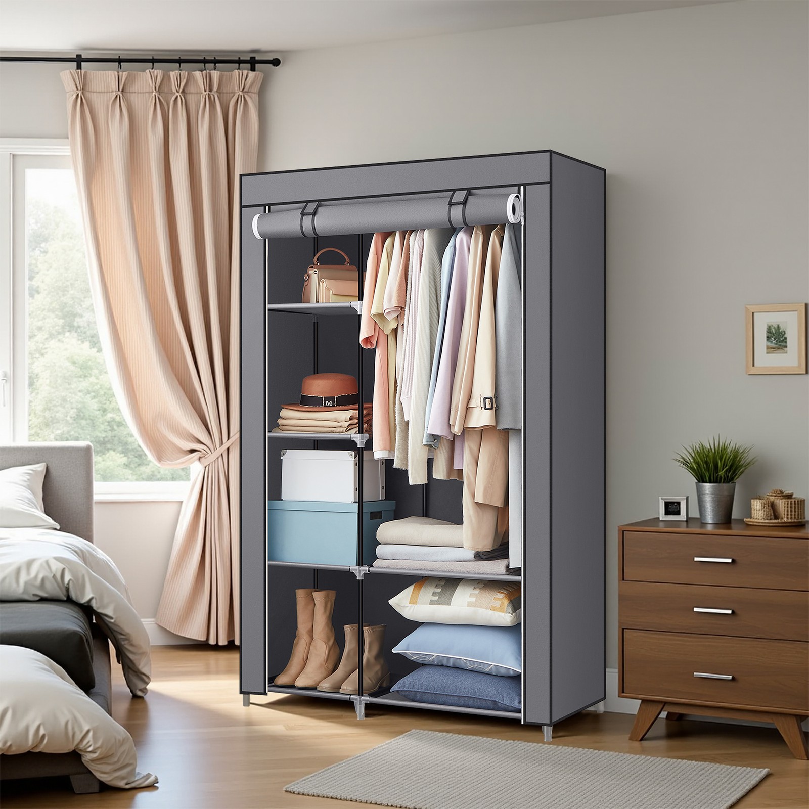Closet Organizer - ZARNIA 6 Shelves Hanging Rail Organizer - Dove Grey - Indigo Home