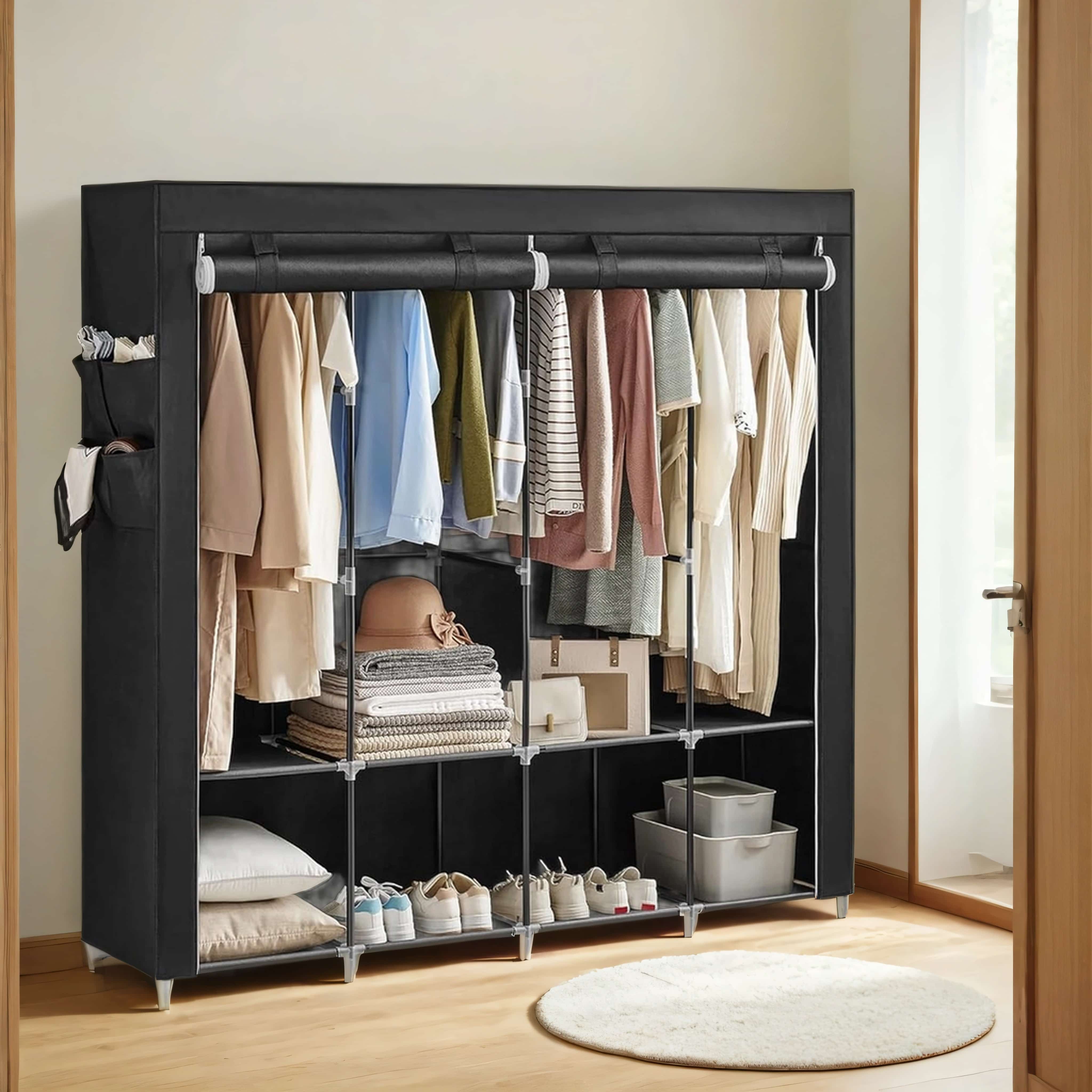 Closet Organizer - ZARNIA Portable Organizer with Cover, 4 Hanging Rods and Shelves - Black - Indigo Home