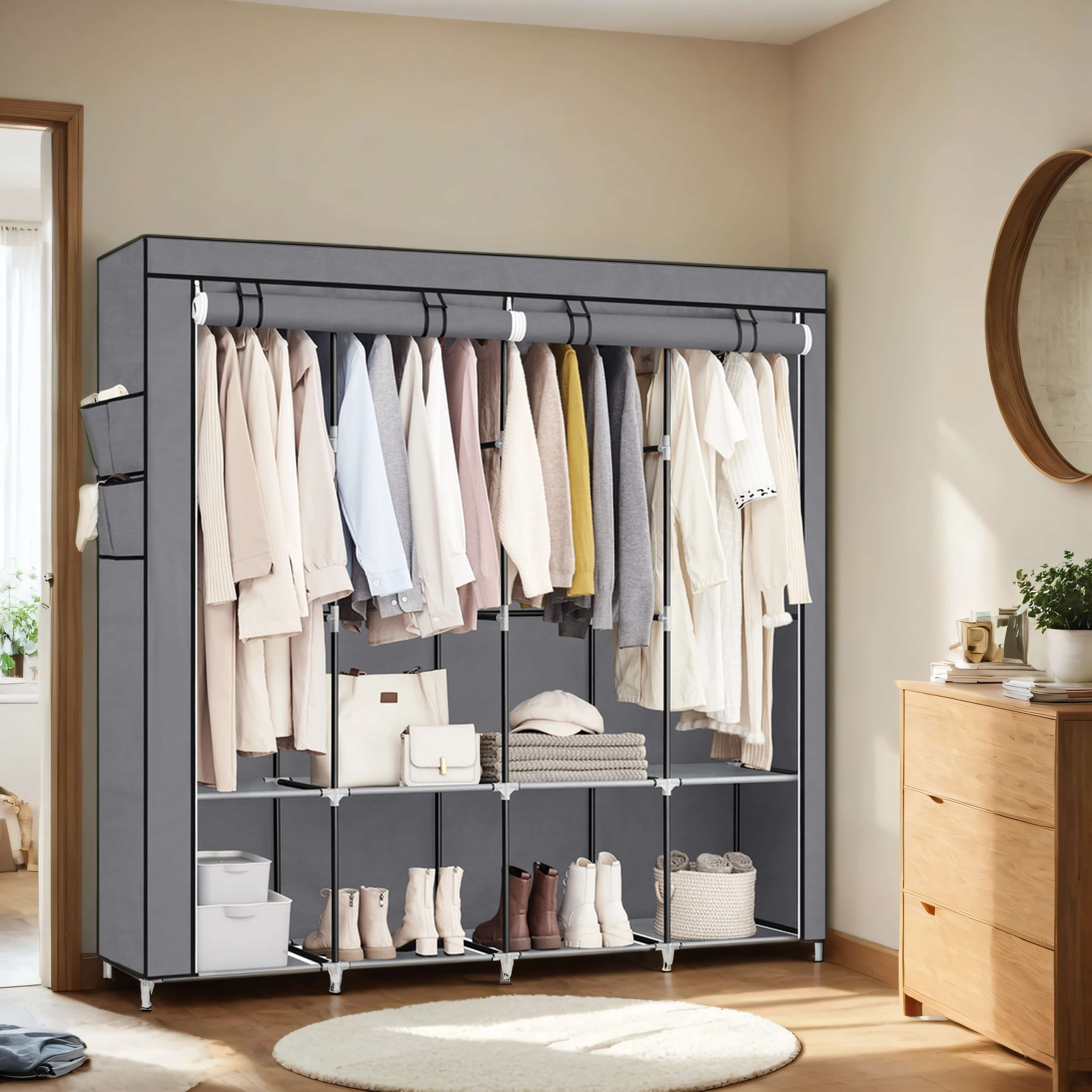 Closet Organizer - ZARNIA Portable Organizer with Cover, 4 Hanging Rods and Shelves - Dove Grey - Indigo Home