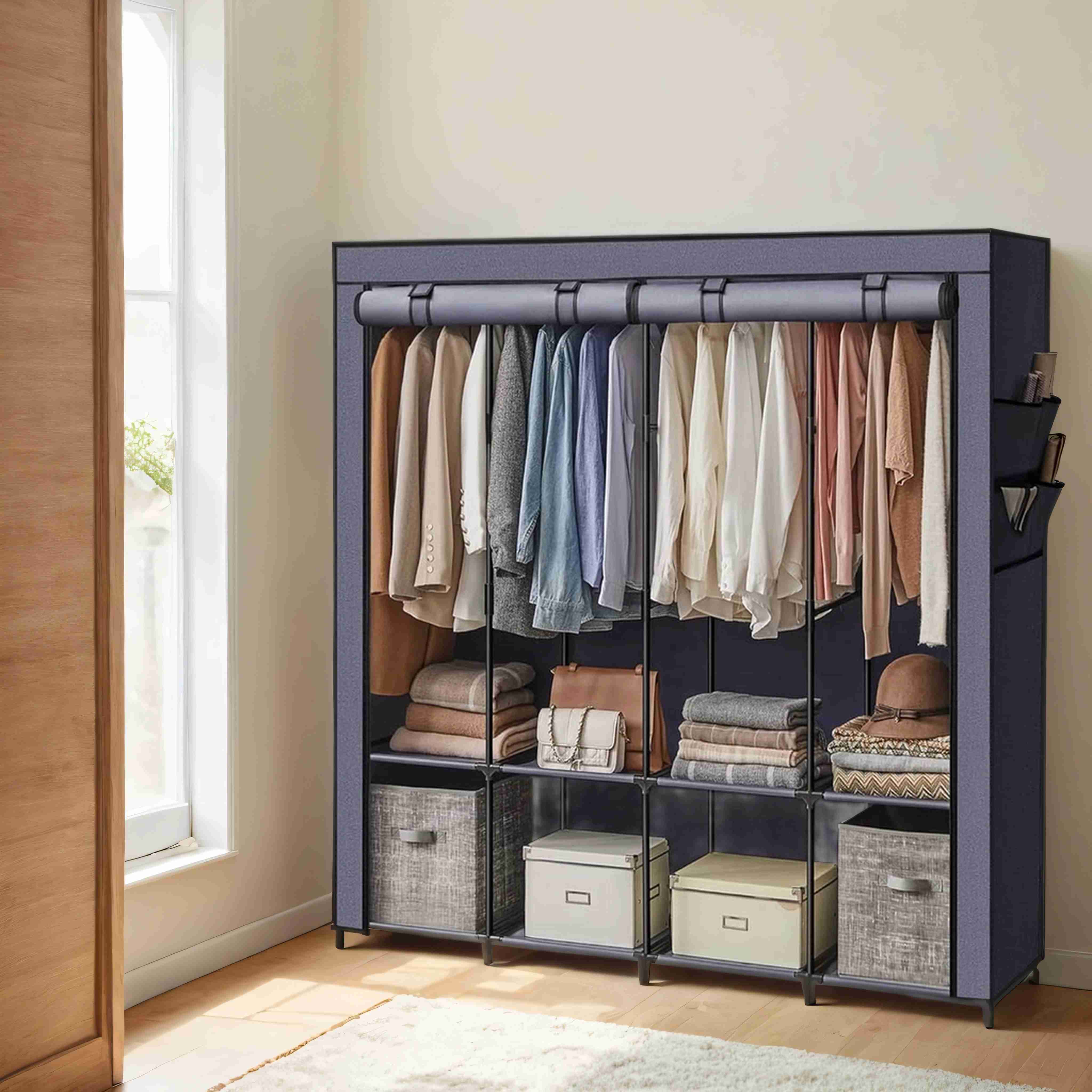 Closet Organizer - ZARNIA Portable Organizer with Cover, 4 Hanging Rods and Shelves - Midnight Blue - Indigo Home