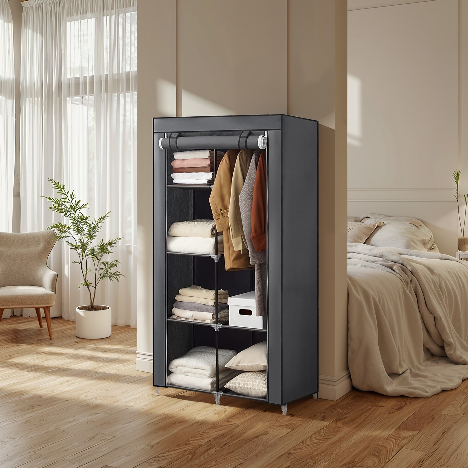 Closet Organizer - ZARNIA Portable Non Woven Cover Rods Shelves - Dark Grey - Indigo Home