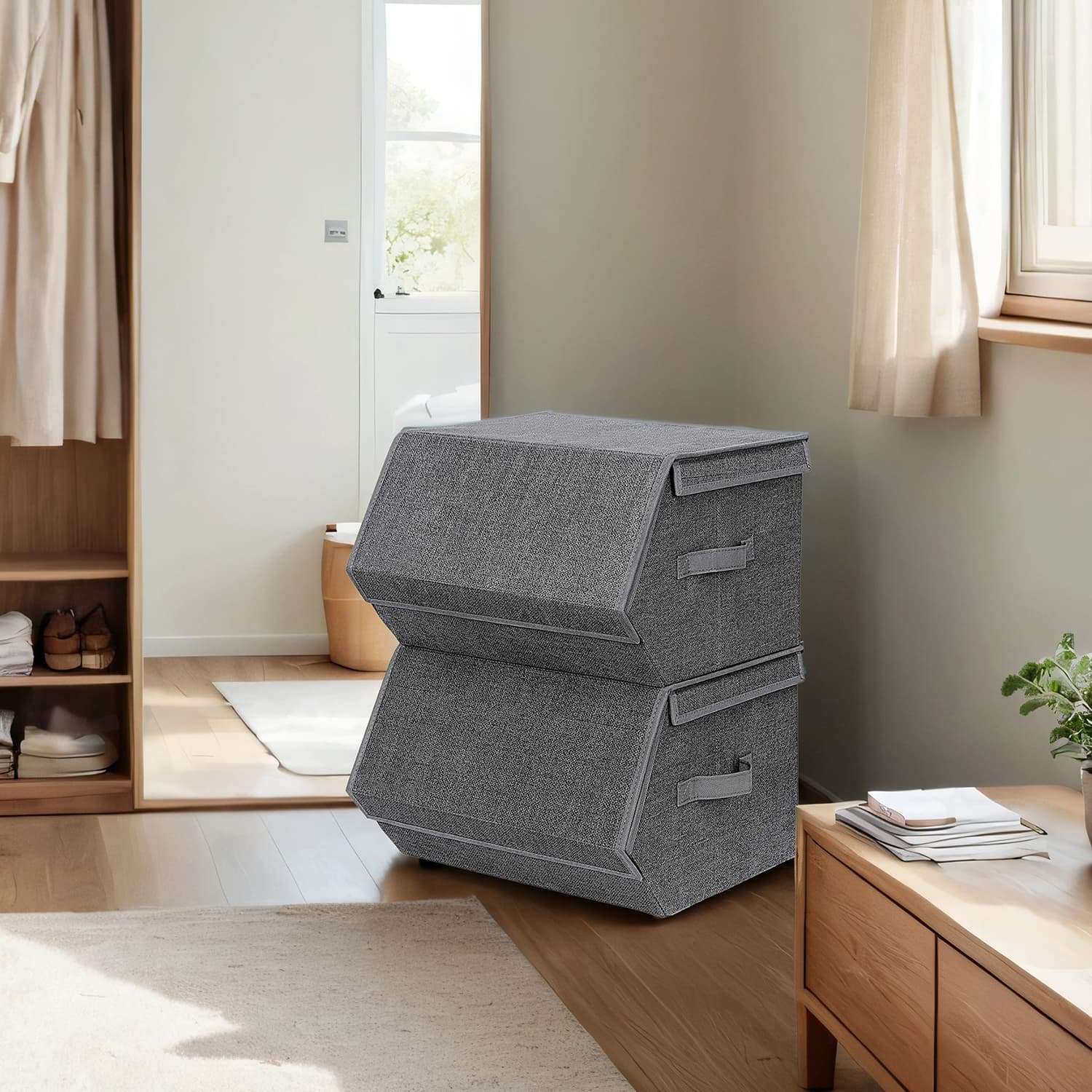 Storage Bins - ZARNIA Stackable Set of 2 with Lids and Magnetic Closure - Dove Grey - Indigo Home