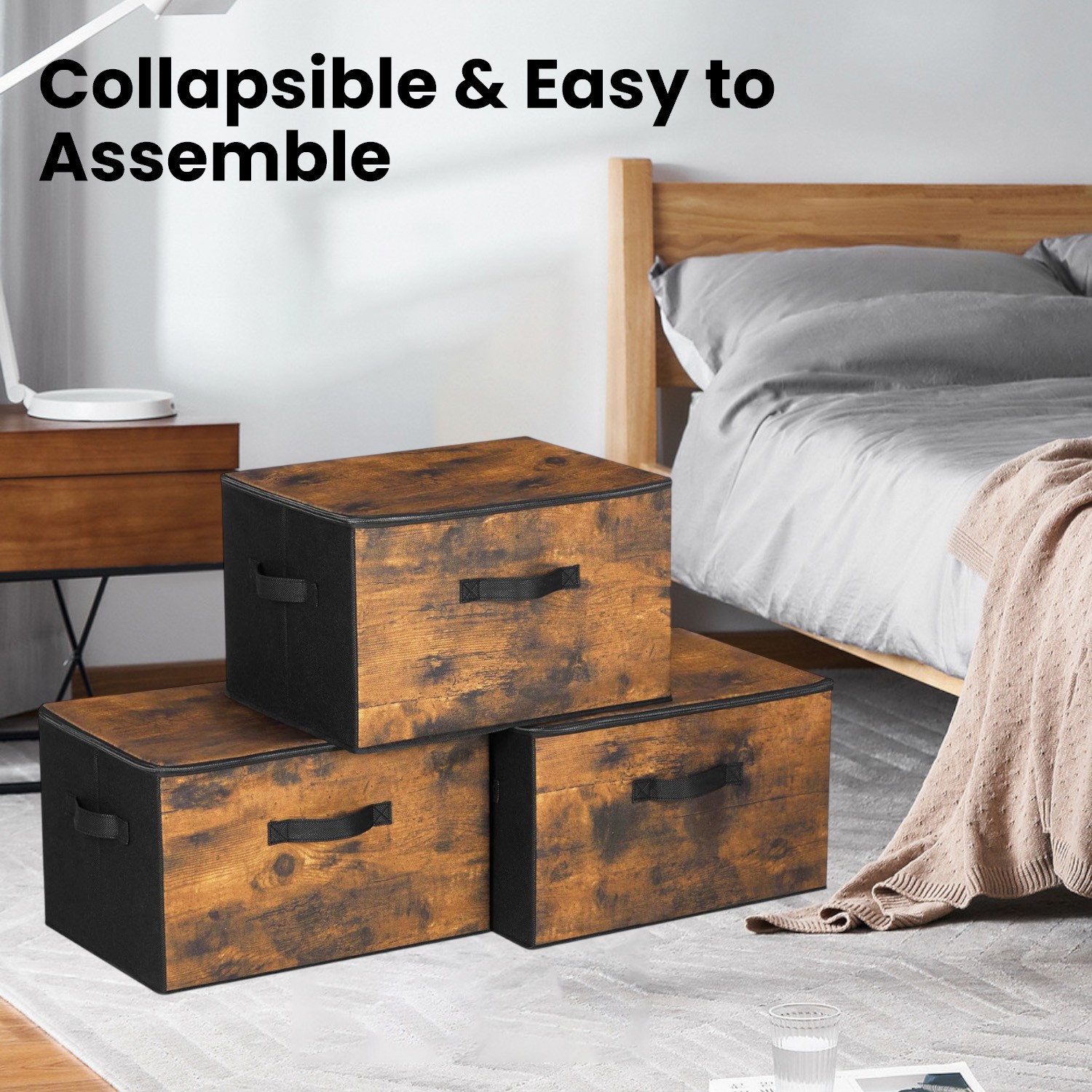 Storage Boxes - ZARNIA Foldable Set of 3 Storage Organiser Bins with Handle Rustic Brown - Indigo Home