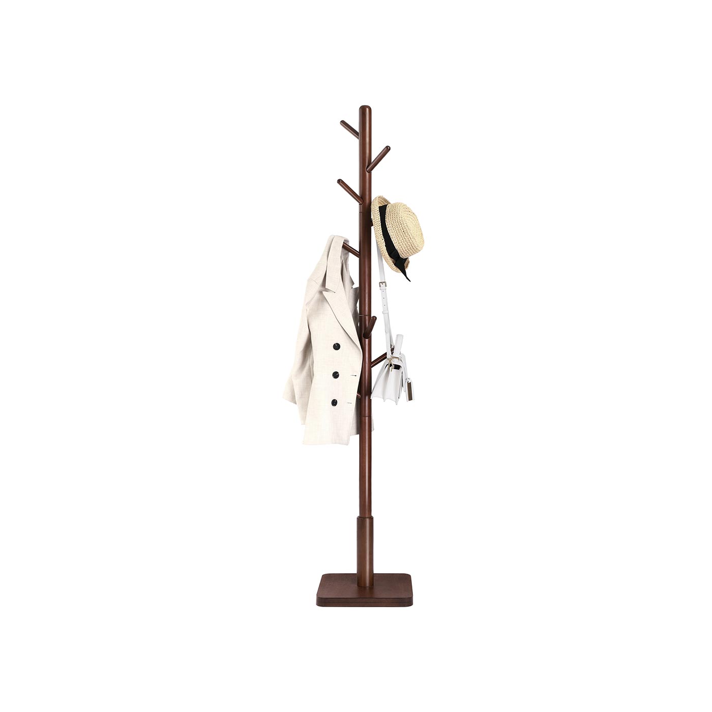 Coat Rack - VIVRAE Solid Wood Stand with 8 Hooks - Dark Walnut - Indigo Home