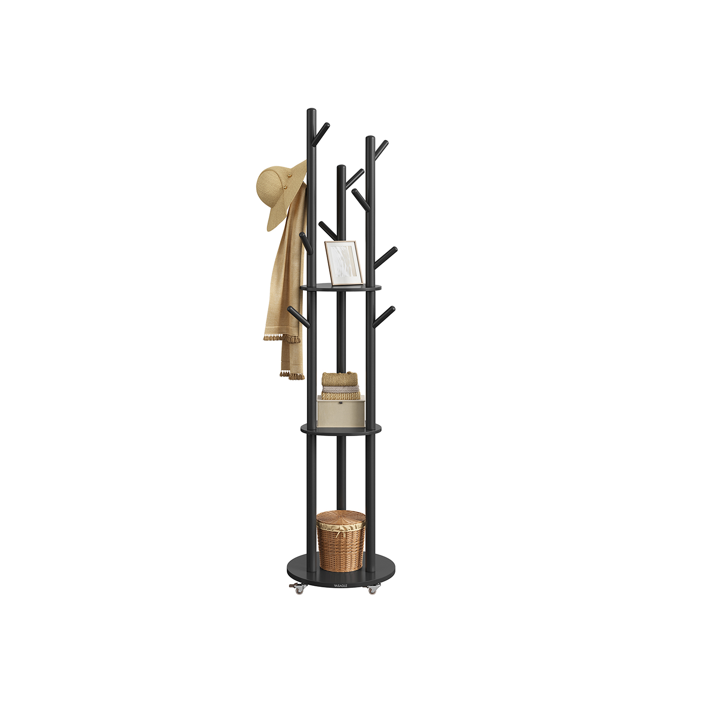 Coat Rack - VIVRAE Freestanding Stand with Hooks and Shelves - Black - Indigo Home