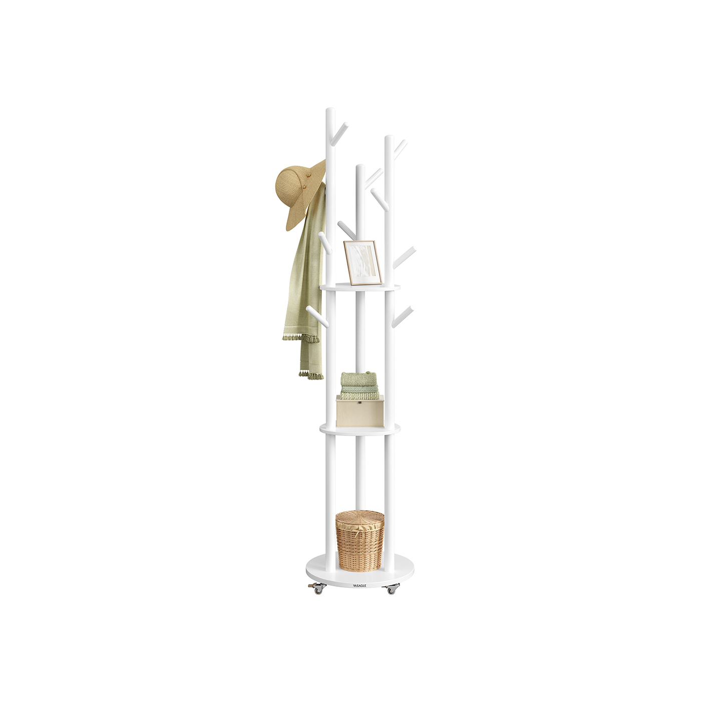 Coat Rack - VIVRAE Freestanding Stand with Hooks and Shelves - White - Indigo Home