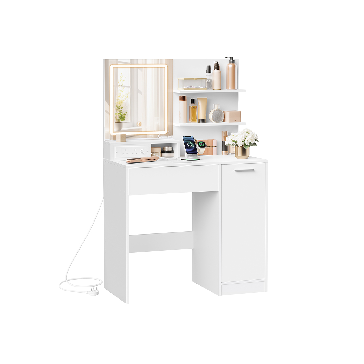 Dressing Table - SERVA LED Light Vanity with Mirror and Adjustable Shelves - White - Indigo Home