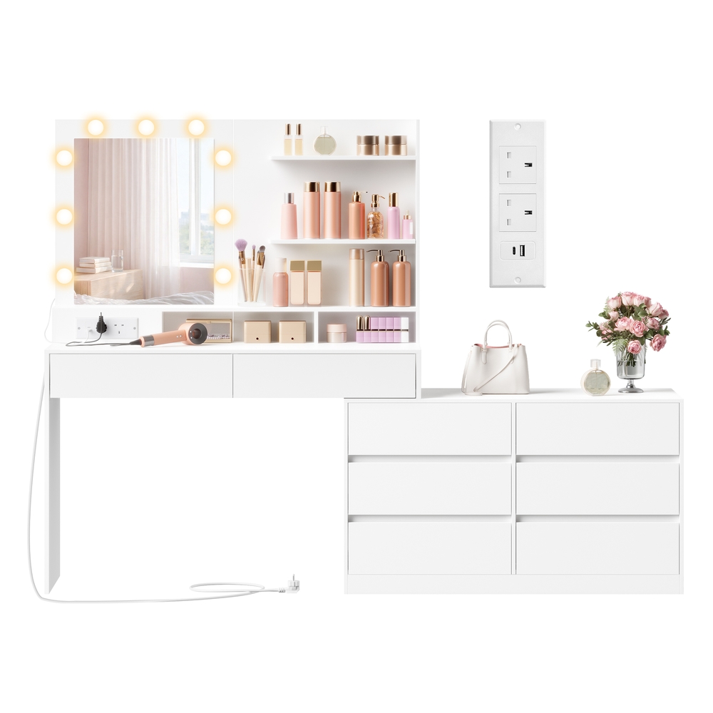 NOVIBU Dressing Table with LED Mirror and Double Dresser - Cloud White - Indigo Home