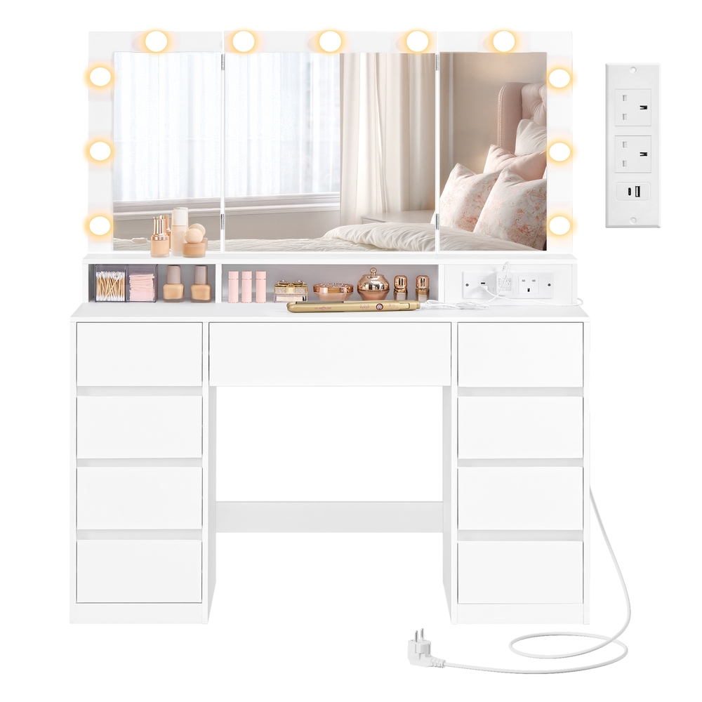 NOVIBU Dressing Table with Tri-Fold Mirror - Cloud White - Indigo Home
