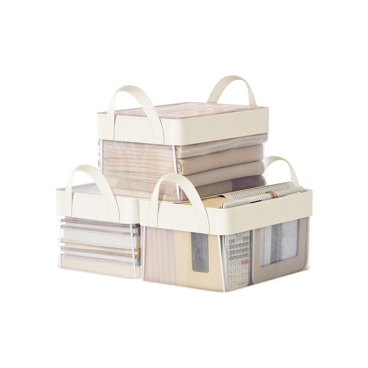 Storage Bins - AVONIA Set of 3 Fabric Baskets 30x20x15cm - White - Indigo Home