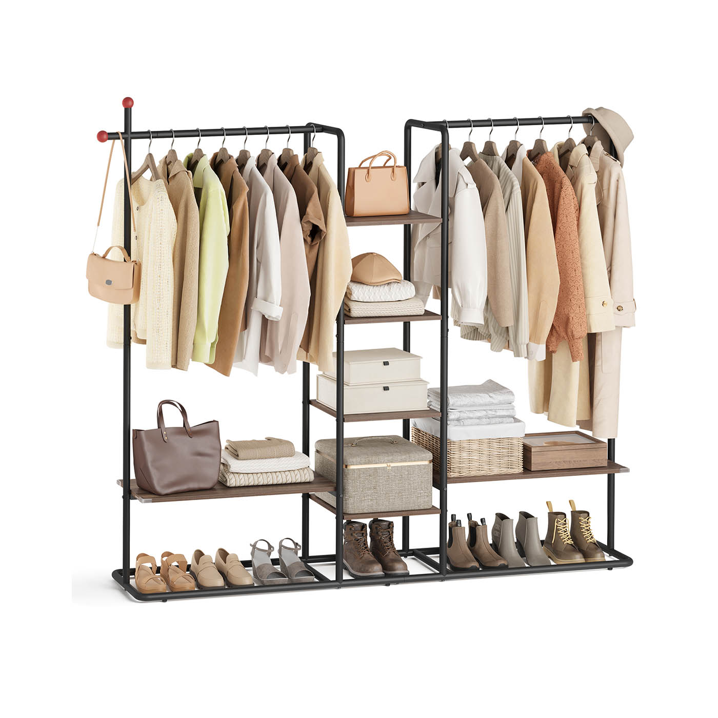 Clothes Rail - ASTLIA 6 Storage Shelves and 2 Hanging Rails - Natural Walnut and Black - Indigo Home