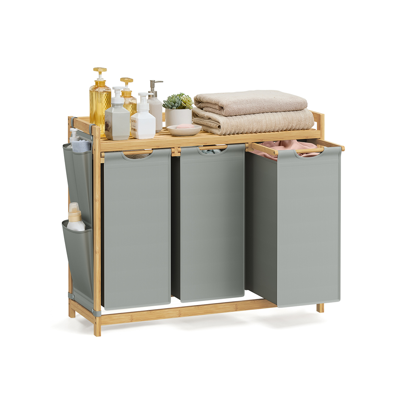 Laundry Basket - AVONA 3 Compartments 150L with Shelf and Pocket - Dove Grey - Indigo Home