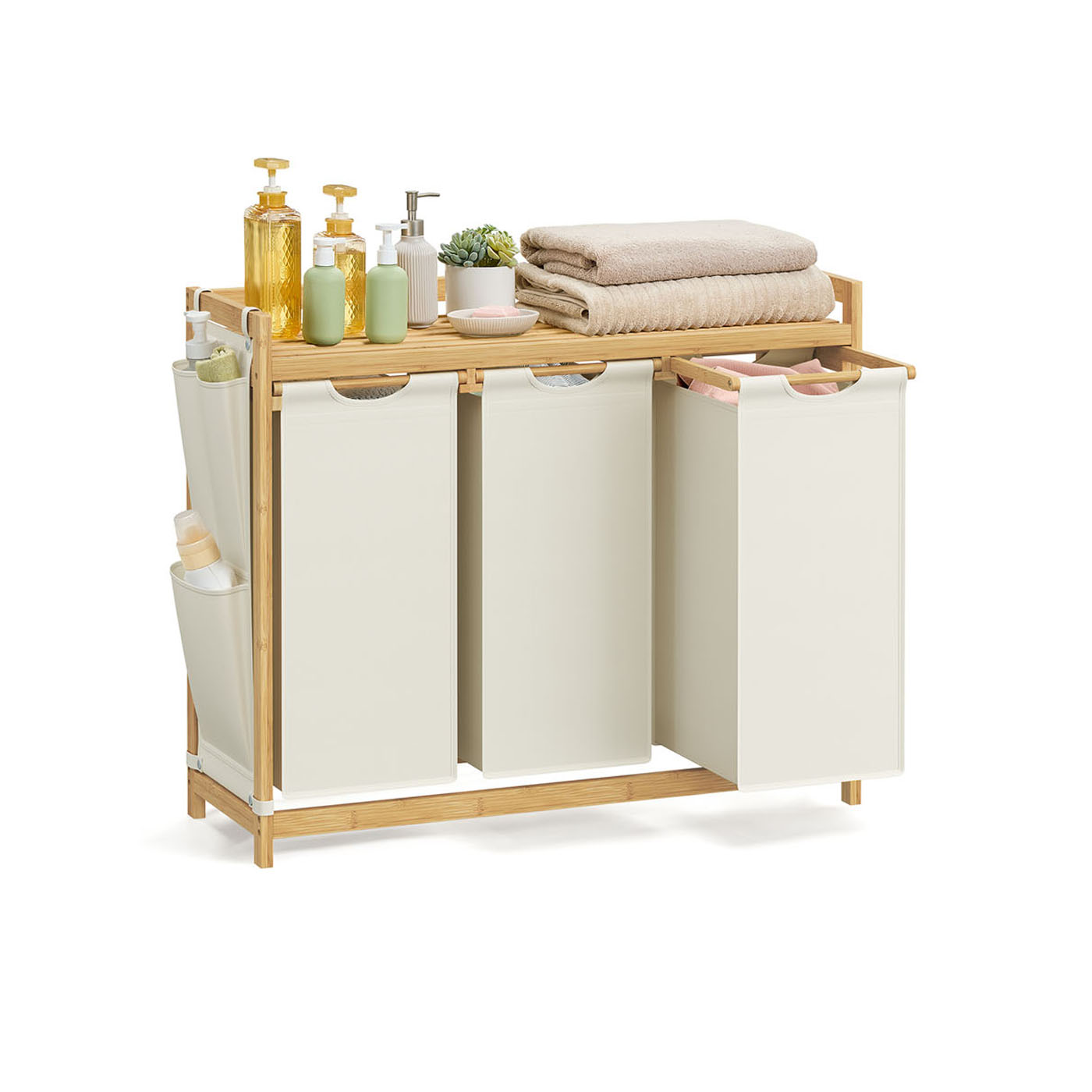 Laundry Basket - AVONA 3 Compartments 150L with Shelf and Pocket - White - Indigo Home