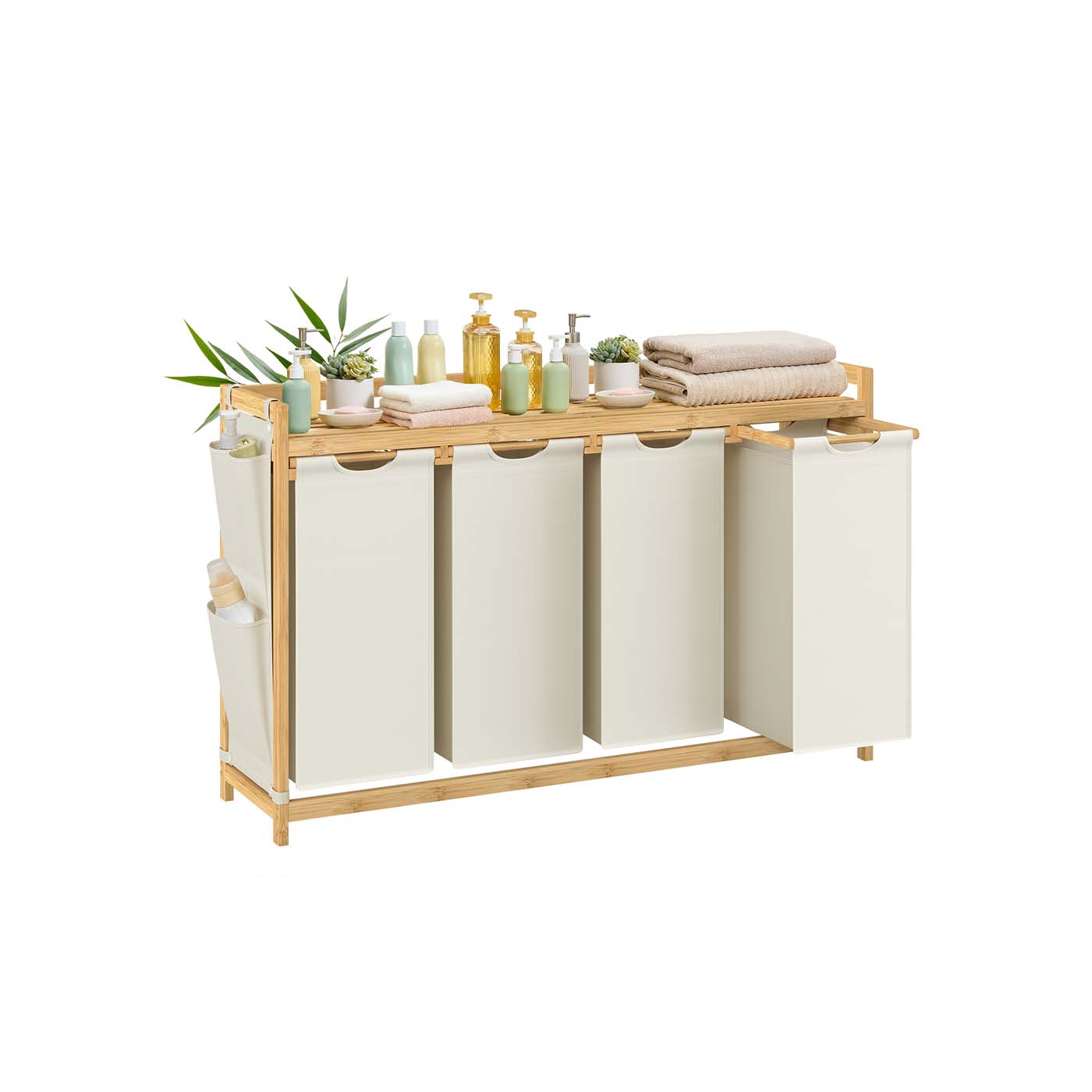 MERRISHORE 4 Compartment Laundry Basket with Shelf and Pockets - Light Oak and White - Indigo Home