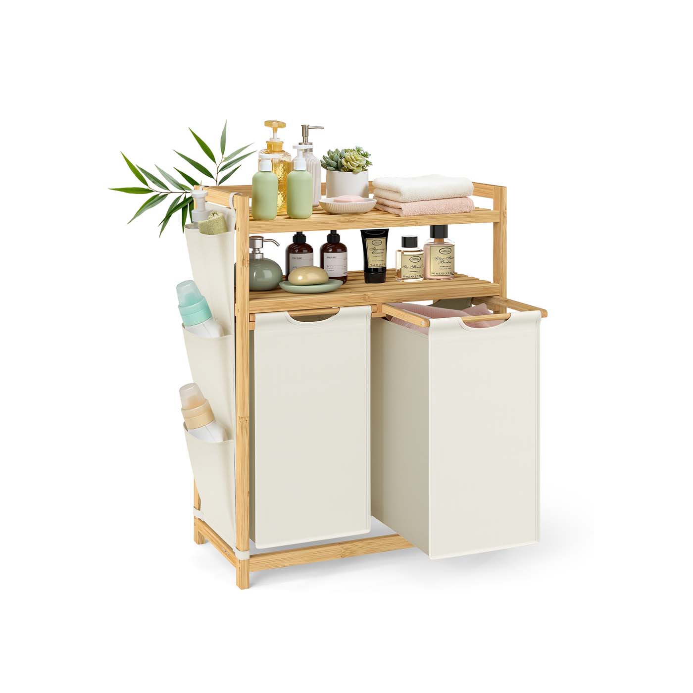 MERRISHORE 100L Laundry Basket with Multiple Compartments Shelf and Side Pockets - White - Indigo Home