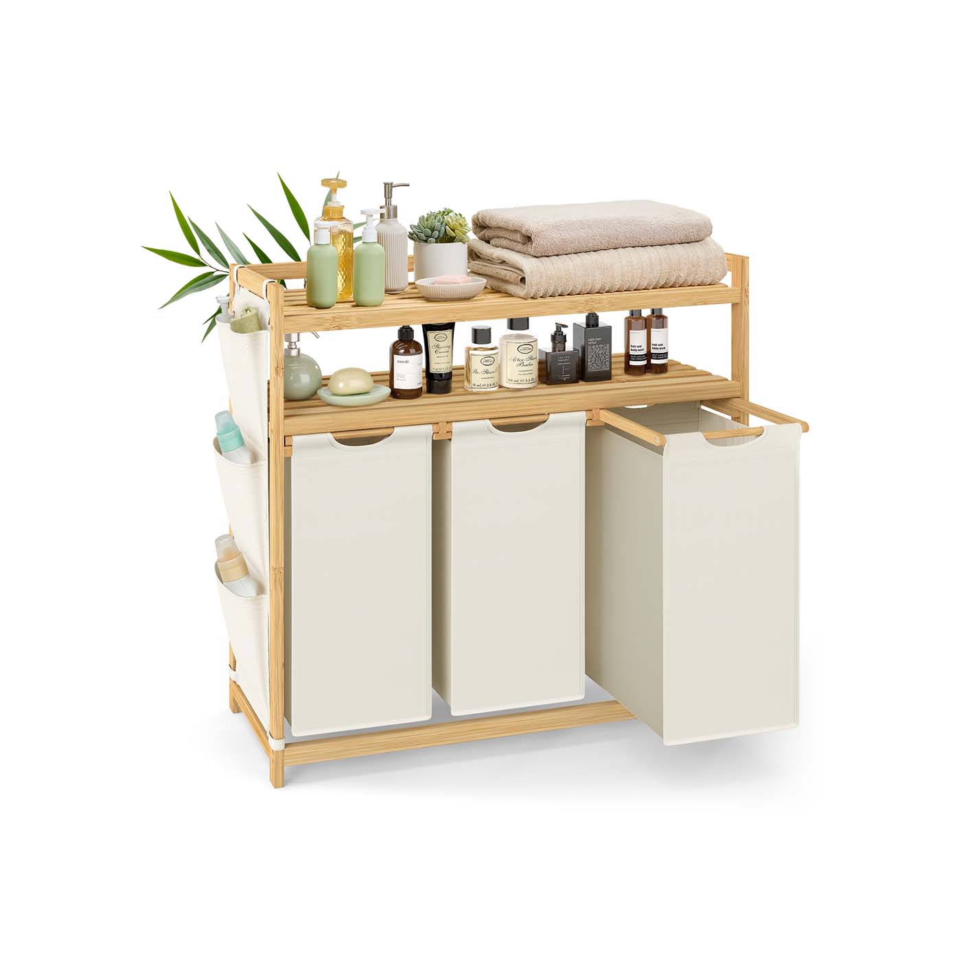 MERRISHORE 150L Laundry Basket with Multiple Compartments Shelf and Side Pockets - White - Indigo Home