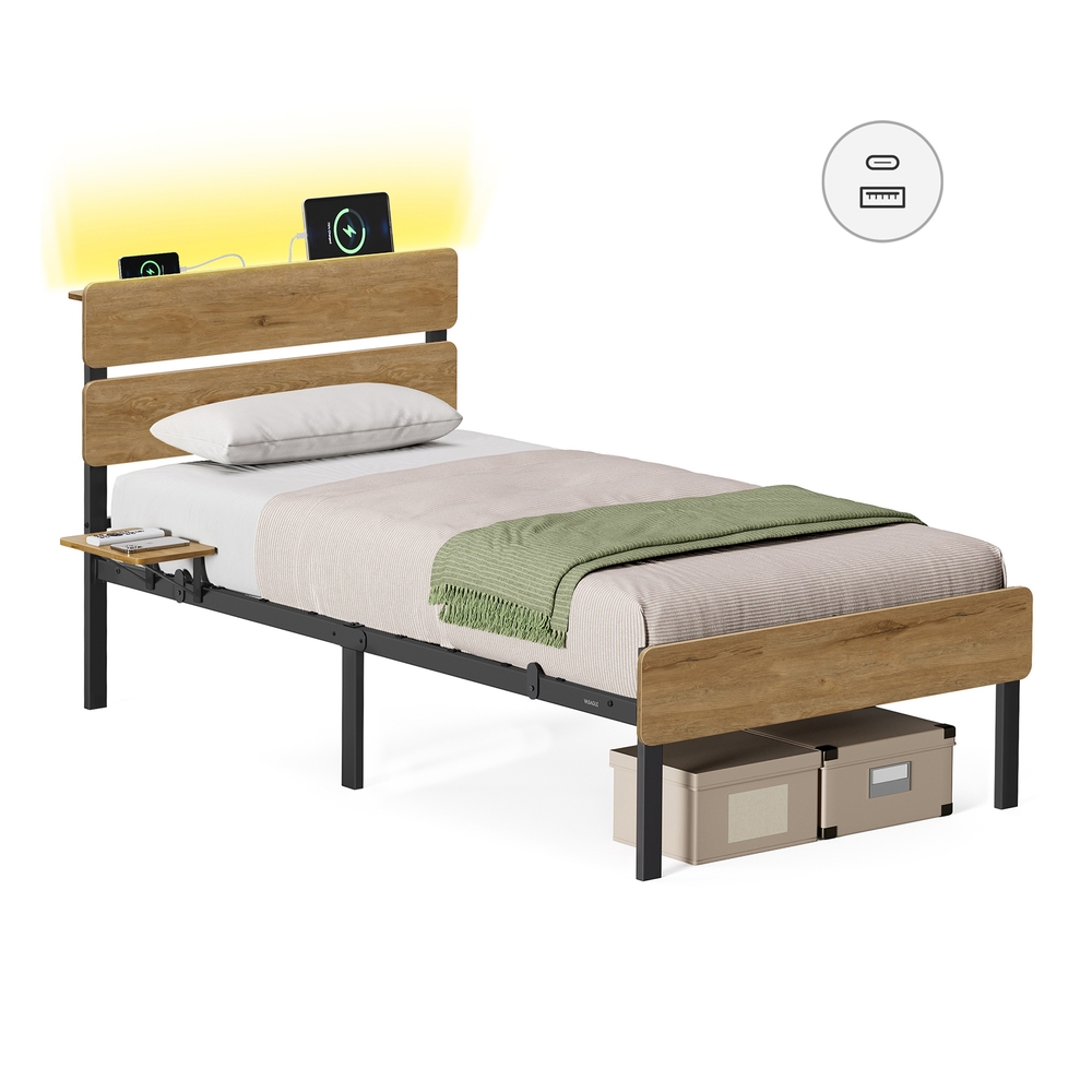 SIVURO Single Metal Bed Frame with LED Lights and Storage - Natural Brown - 90 x 190 cm - Indigo Home
