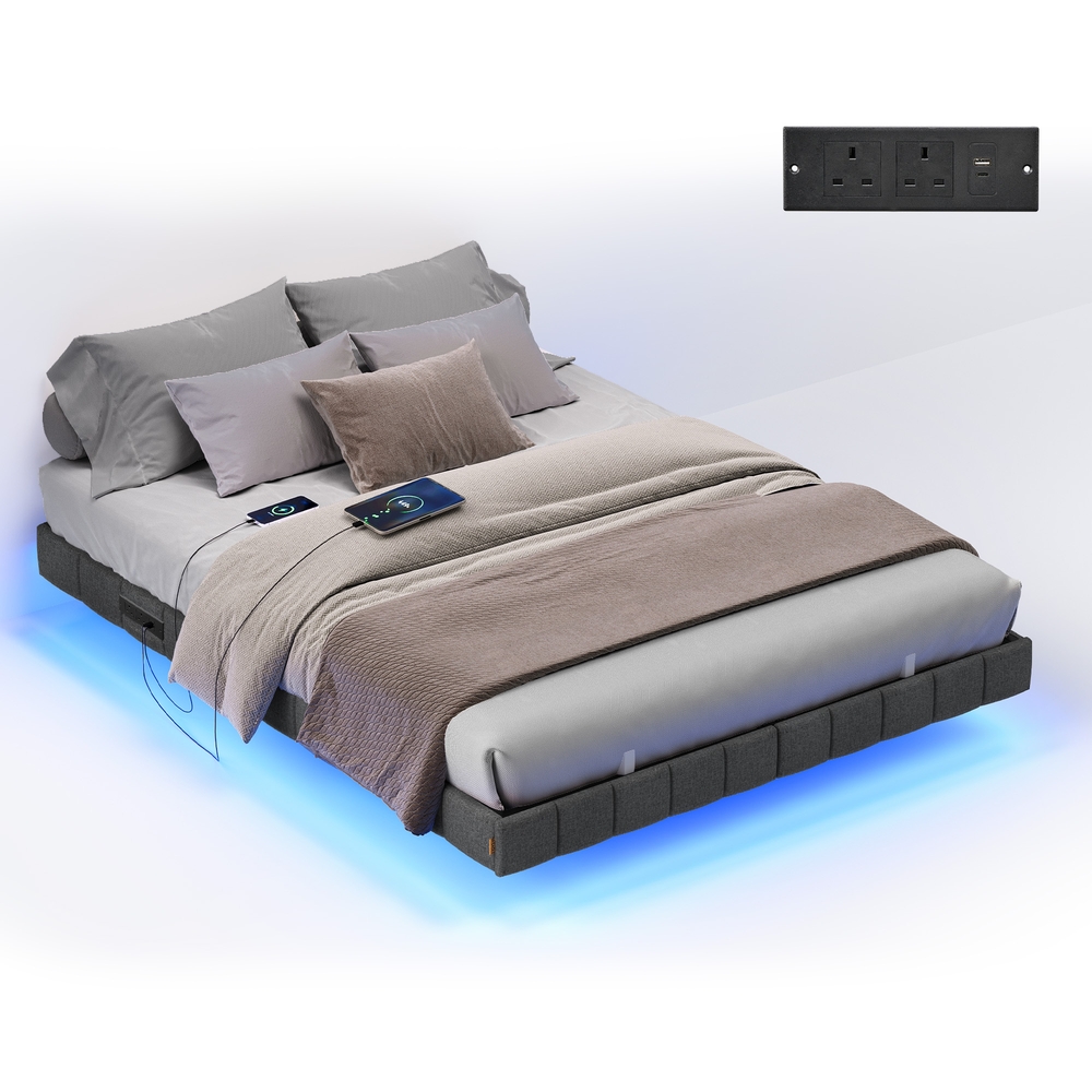 STKAFA Double Floating Bed Frame with LED Lights - Slate Grey - Indigo Home