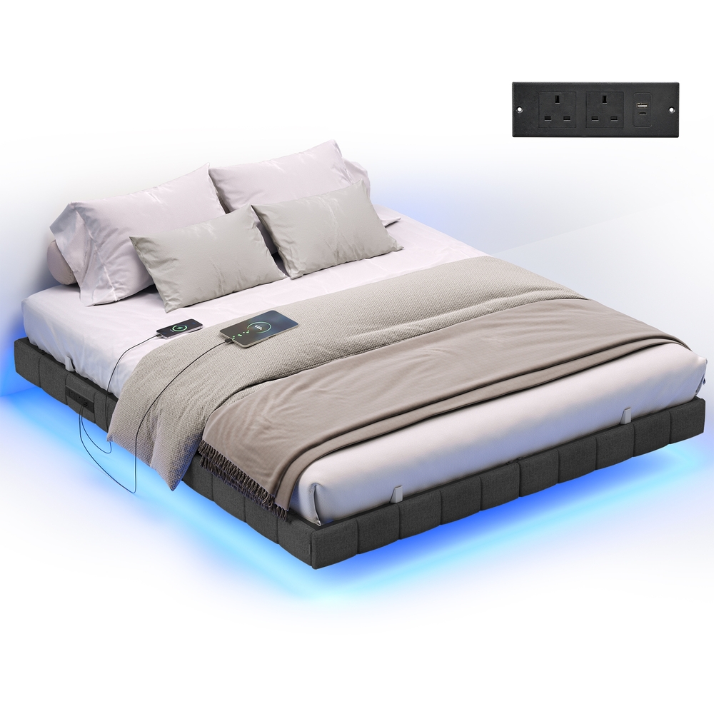 STKYGA King Size Floating Bed Frame with LED Lights - Slate Grey - Indigo Home