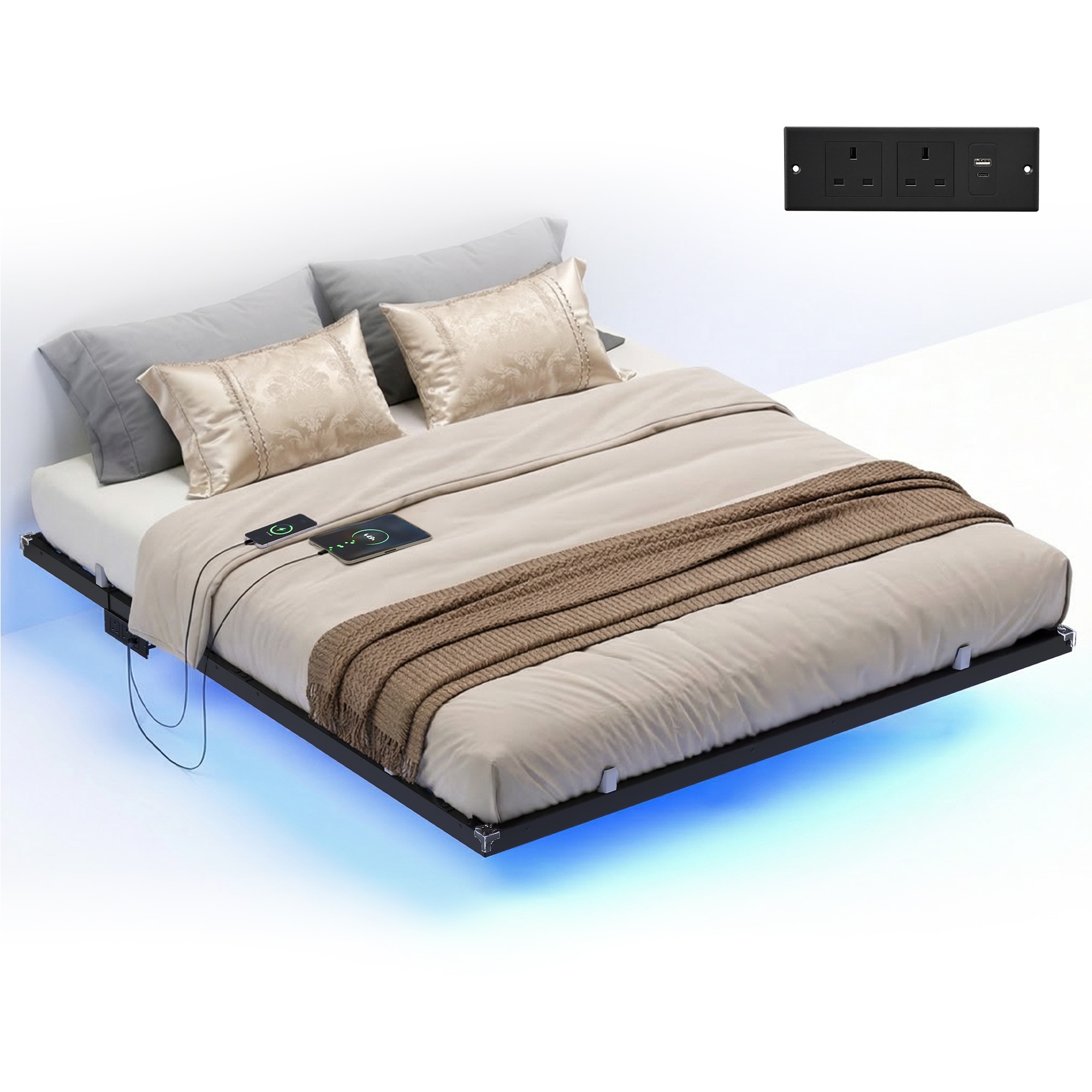 STMYLY King Size Floating Bed Frame with LED Lights - Matte Black - Indigo Home