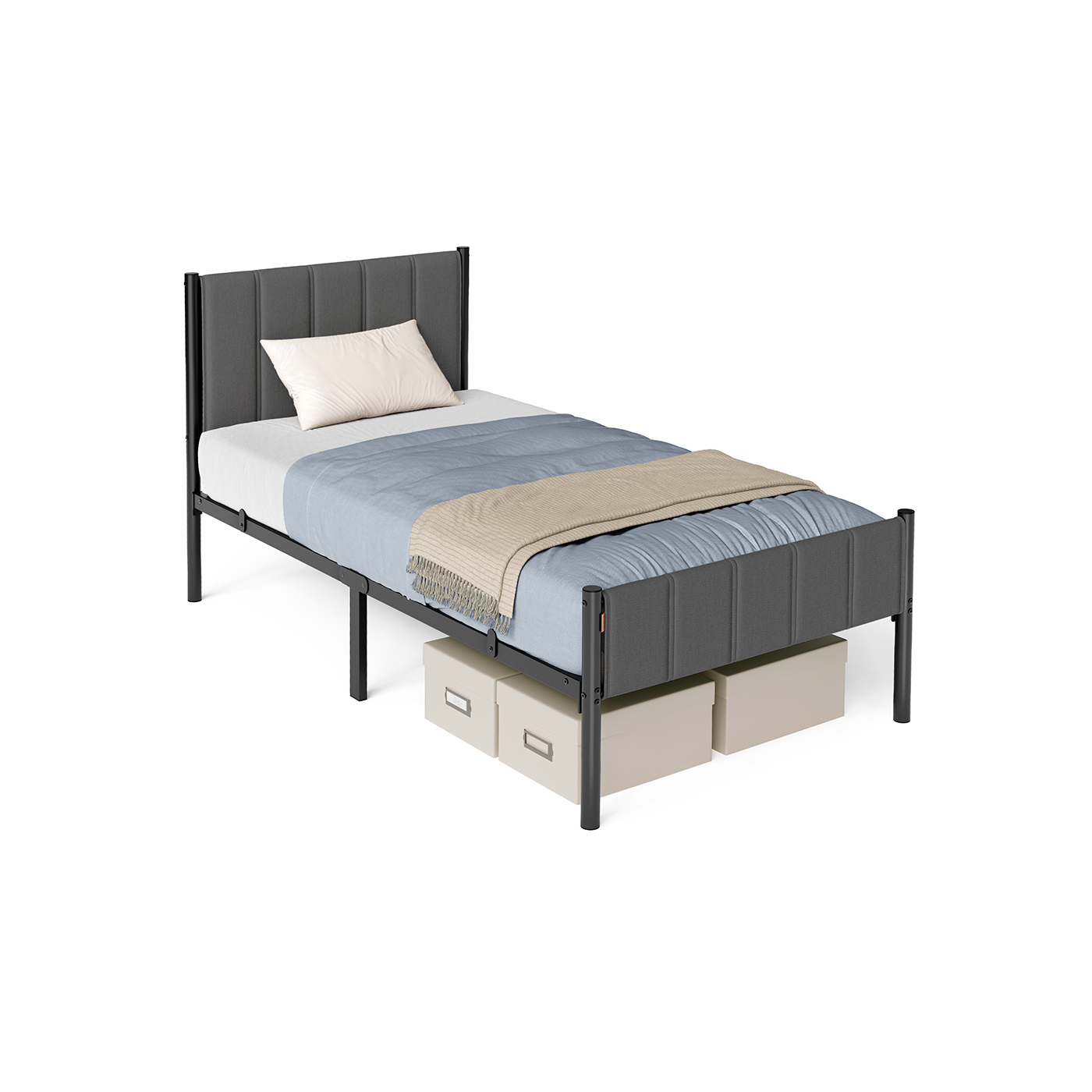 Bed Frame - ASTTA Metal Single Bed with Upholstered Headboard - Dove Grey - Indigo Home