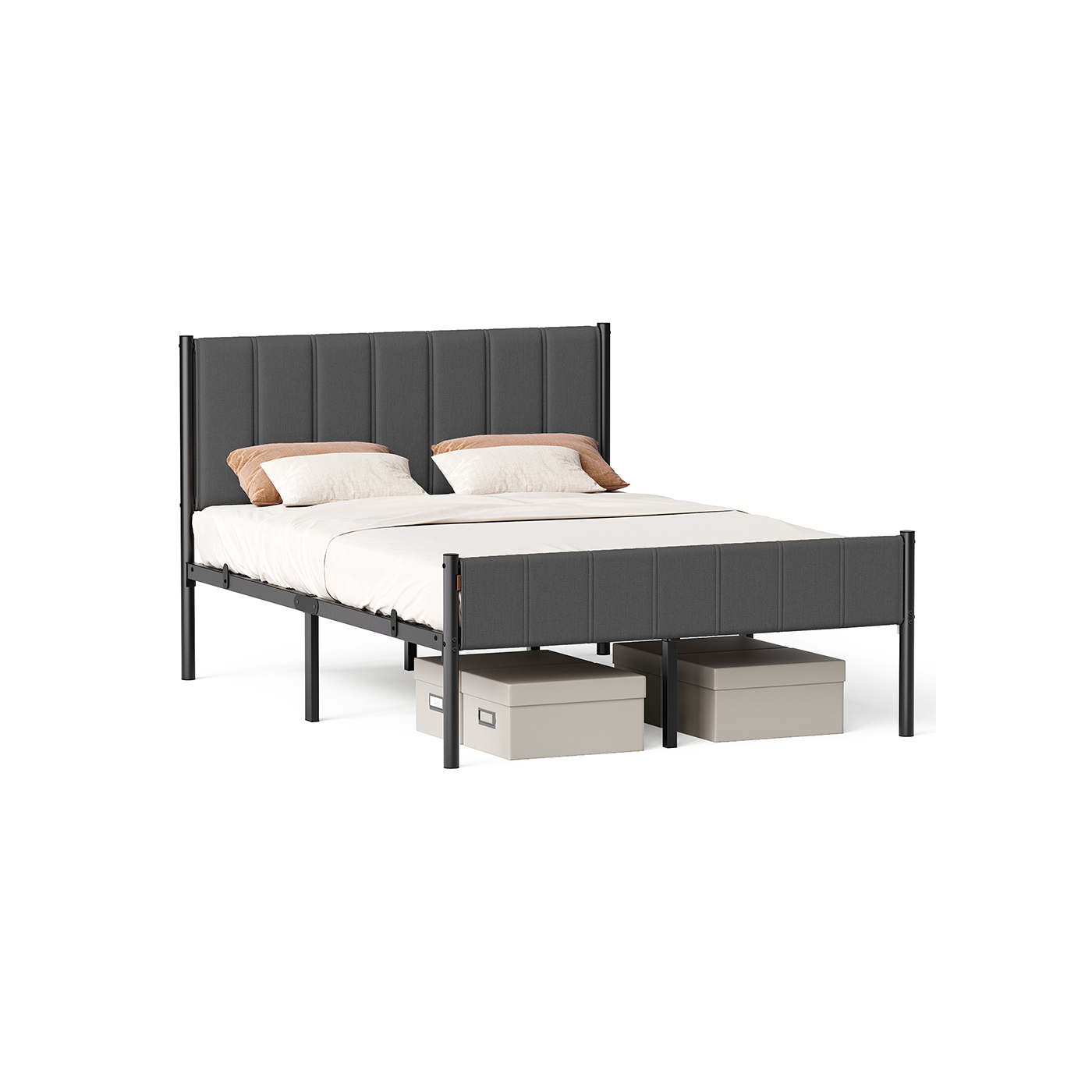 Bed Frame - ASTTA Metal Double Bed with Upholstered Headboard - Dove Grey - Indigo Home