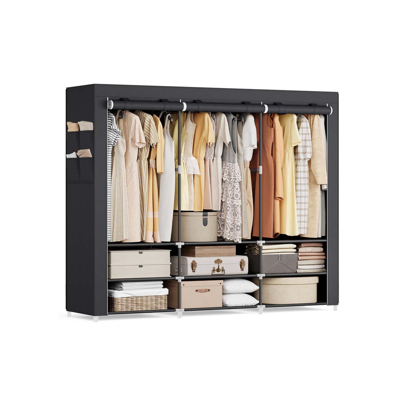 Clothes Wardrobe - LUMNZA Clothes Storage with 3 Hanging Rails - Black - Indigo Home