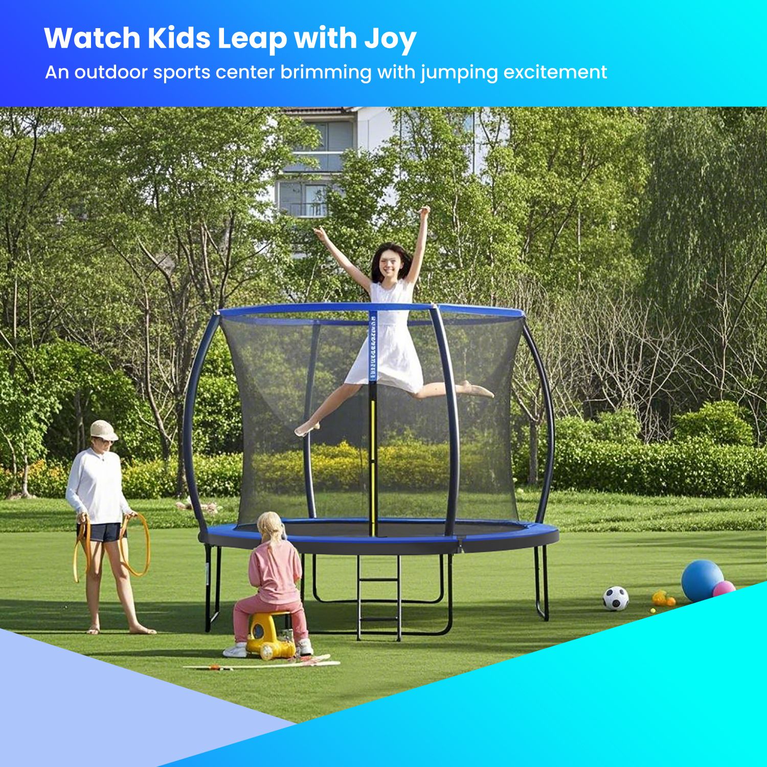 Trampoline - LUSNOS 10 ft Diameter with Enclosure Net - Black - Indigo Home