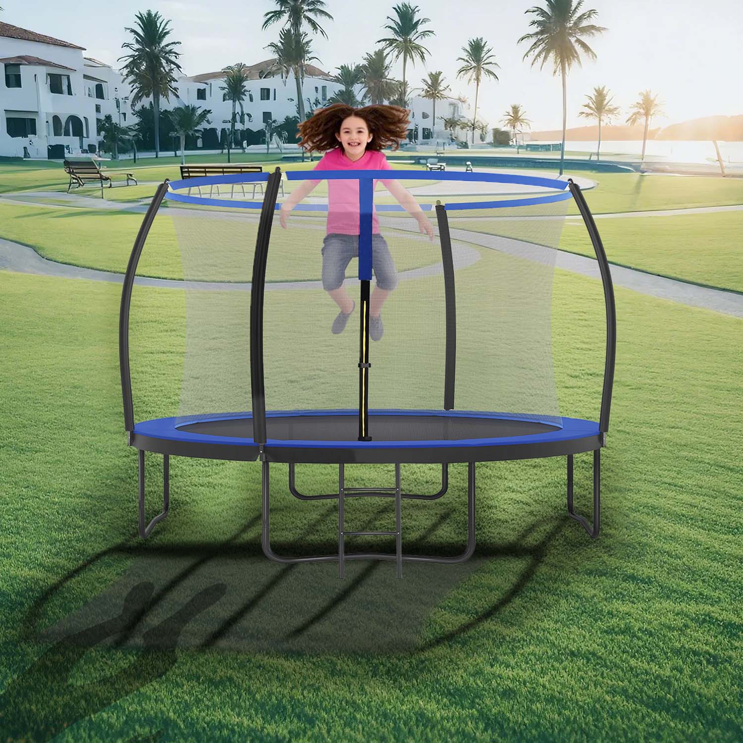 Trampoline - LUSNOS 12 ft Diameter with Enclosure Net - Black - Indigo Home