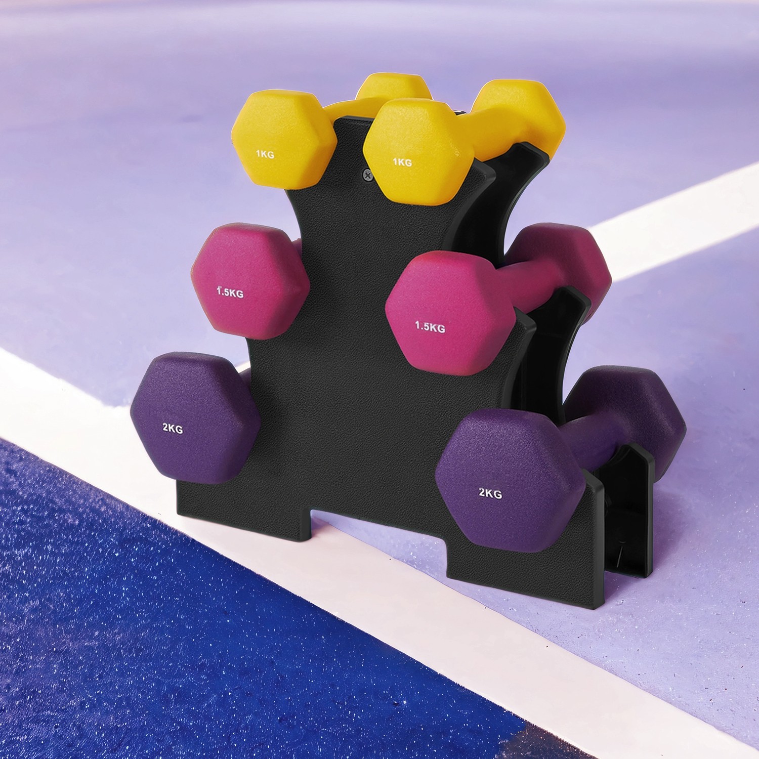Dumbbell Set - LUSNOS Hex Neoprene with Stand 2 x 2 kg, 2 x 1.5 kg, 2 x 1 kg - Multi Colour - Indigo Home