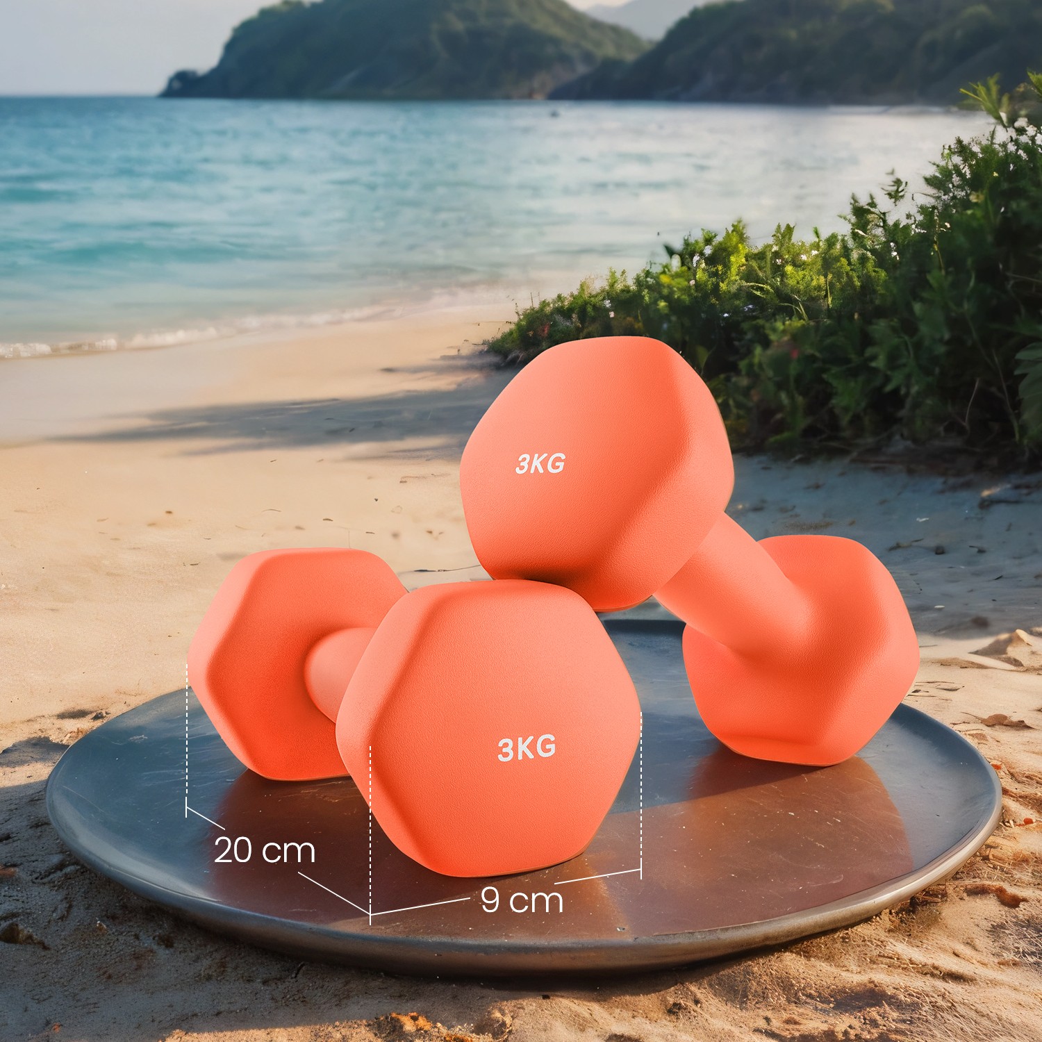 Dumbbells - LUSNOS Set of 2 Neoprene Hex 2 x 3 kg with Bar - Orange - Indigo Home