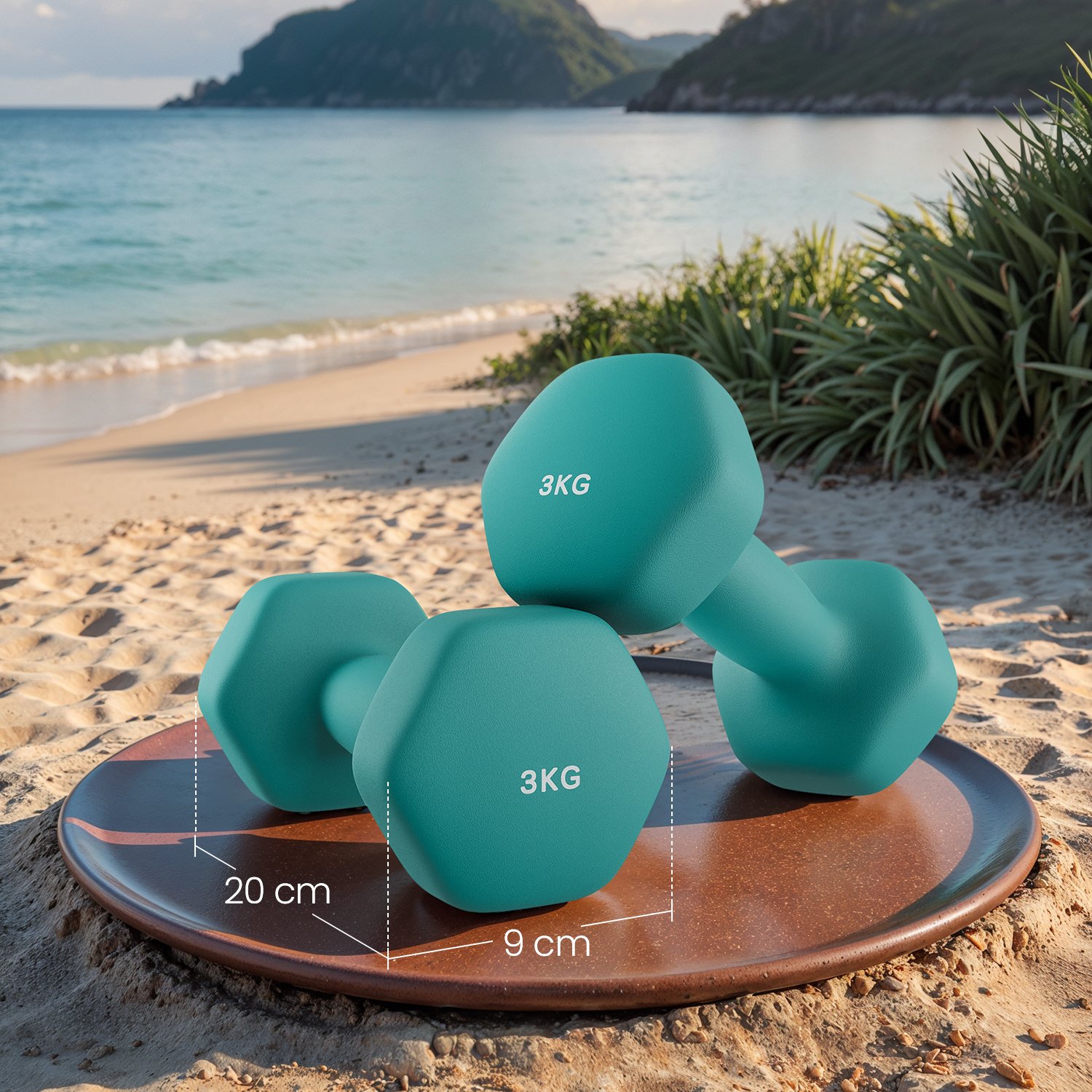 Dumbbells - LUSNOS Set of 2 Neoprene Hex 2 x 3 kg with Bar - Aqua - Indigo Home