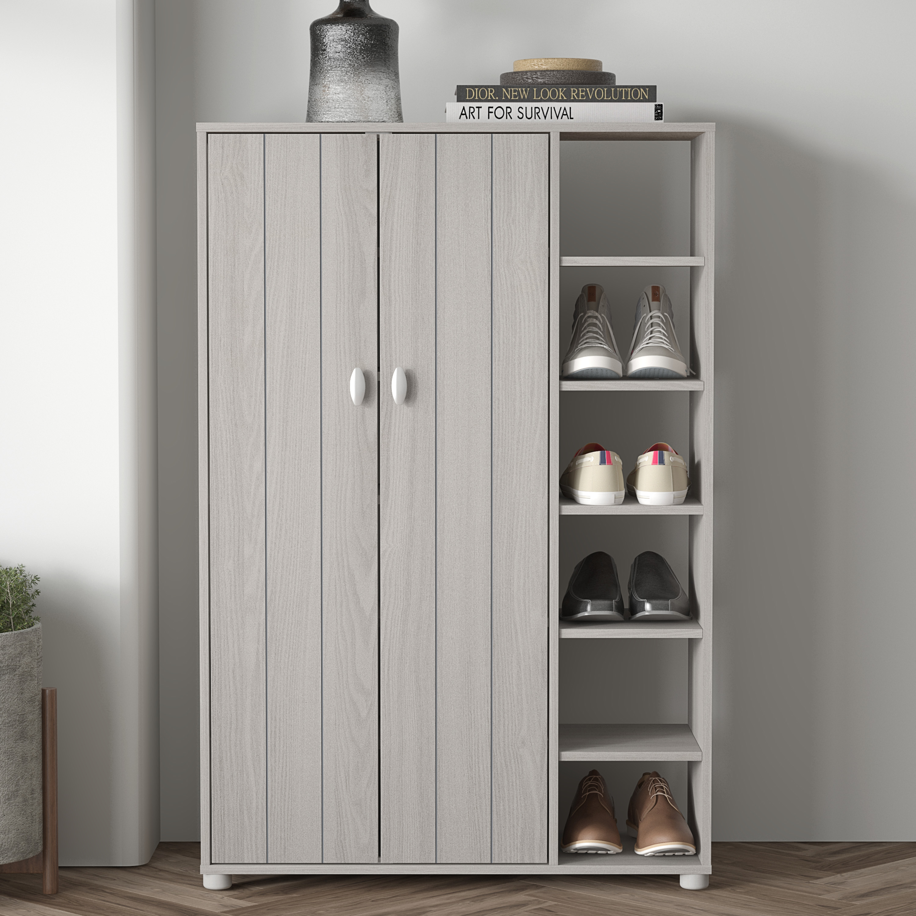 Shoes Cabinet - Siddley Shoe Cabinet with Two Doors and 6 Open Shelves Warm Grey and Oak - Campbell Craft