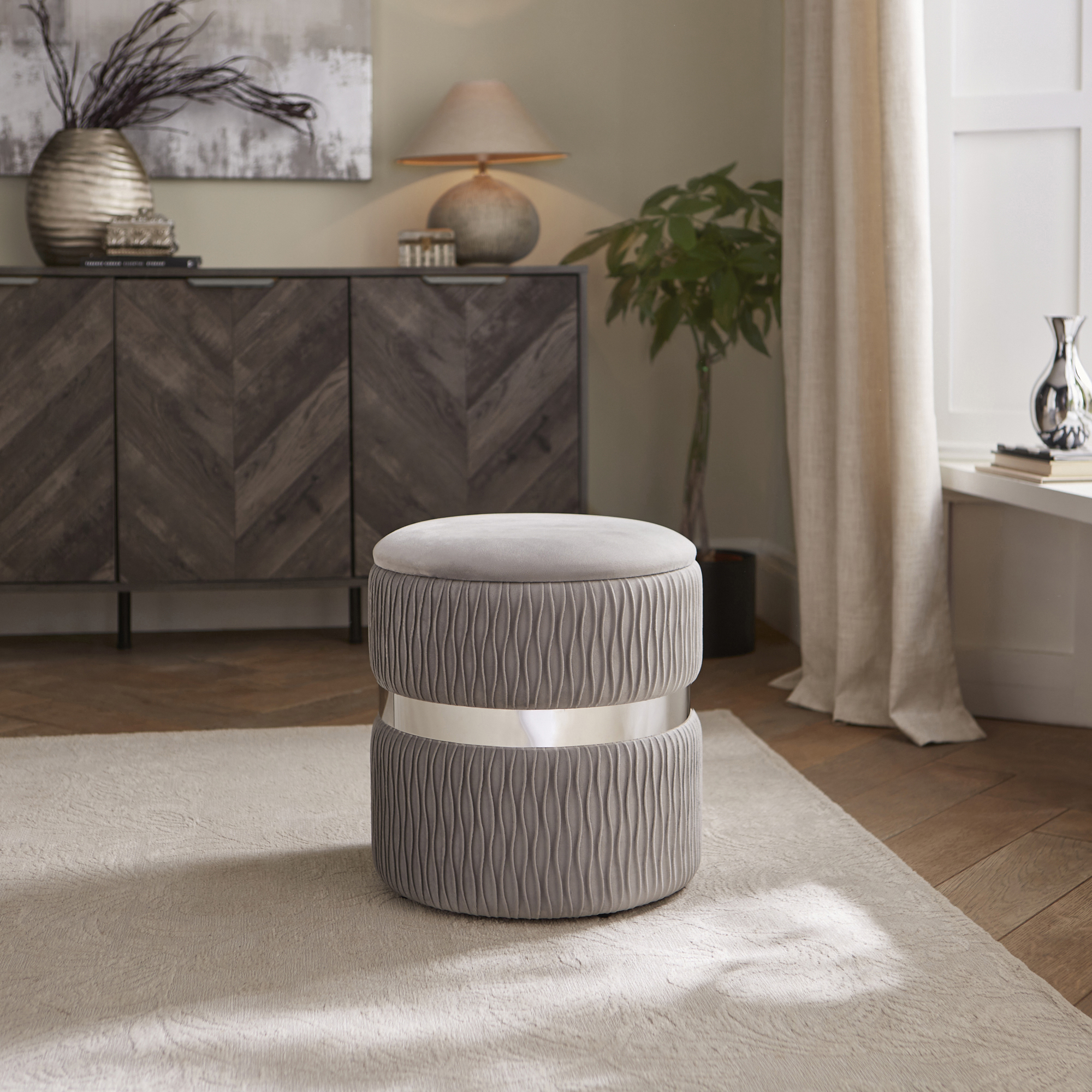 EVERLY Soft Velvet Ottoman Storage Stool - Grey - Campbell Craft